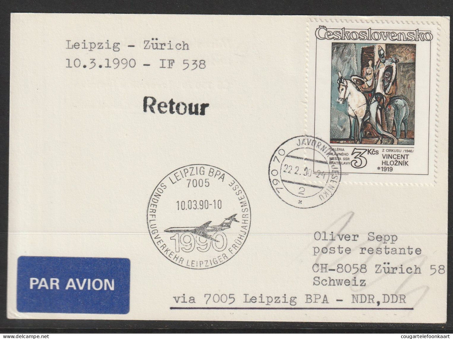 1990, Interflug, Special Flight Card, Javornik-Zürich, Zuleitungspost - Corréo Aéreo