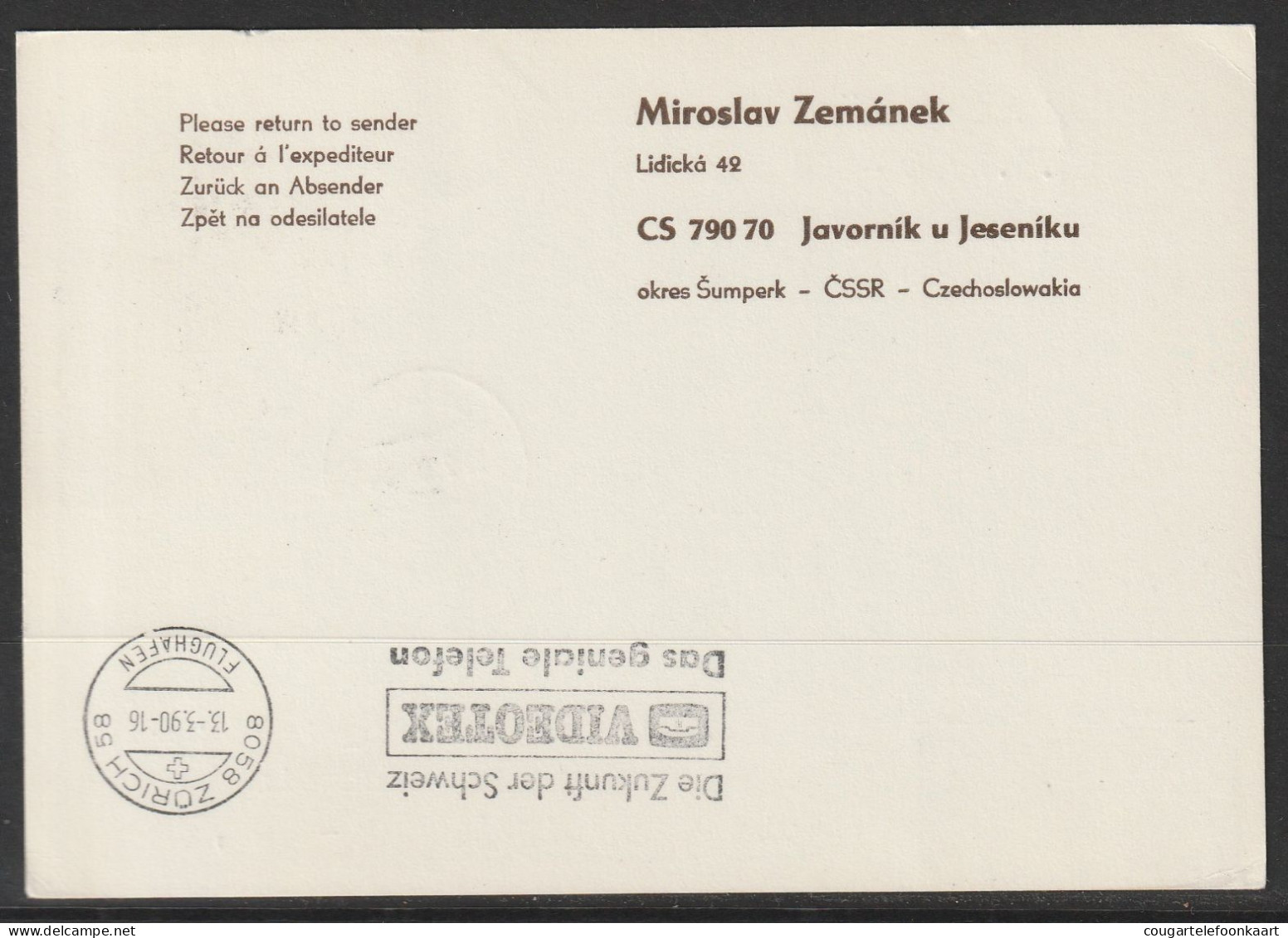 1990, Interflug, Special Flight Card, Javornik-Zürich, Zuleitungspost - Luchtpost