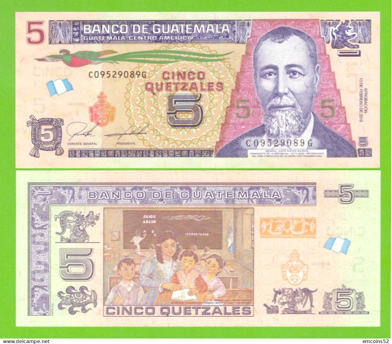 GUATEMALA 5 QUETZALES 2019 P-122A UNC - Guatemala