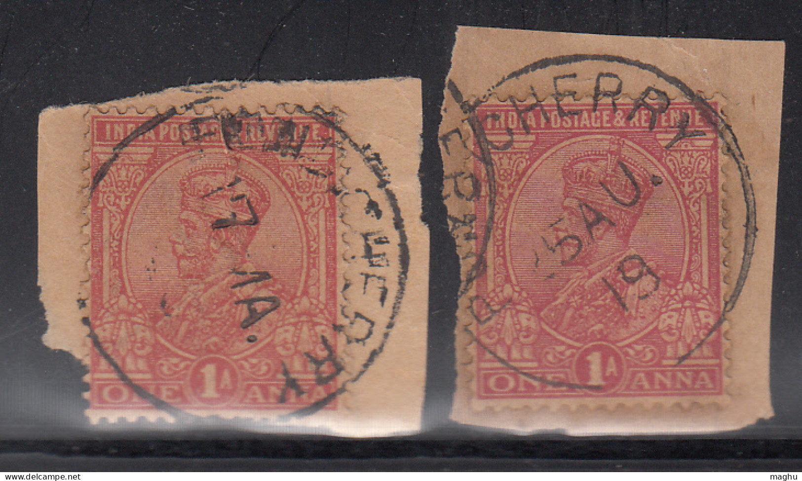 1a X 2 Diff., Shades KG On Piece, French India, British India Used Abroad, Pondicherry CDS Used - Gebraucht