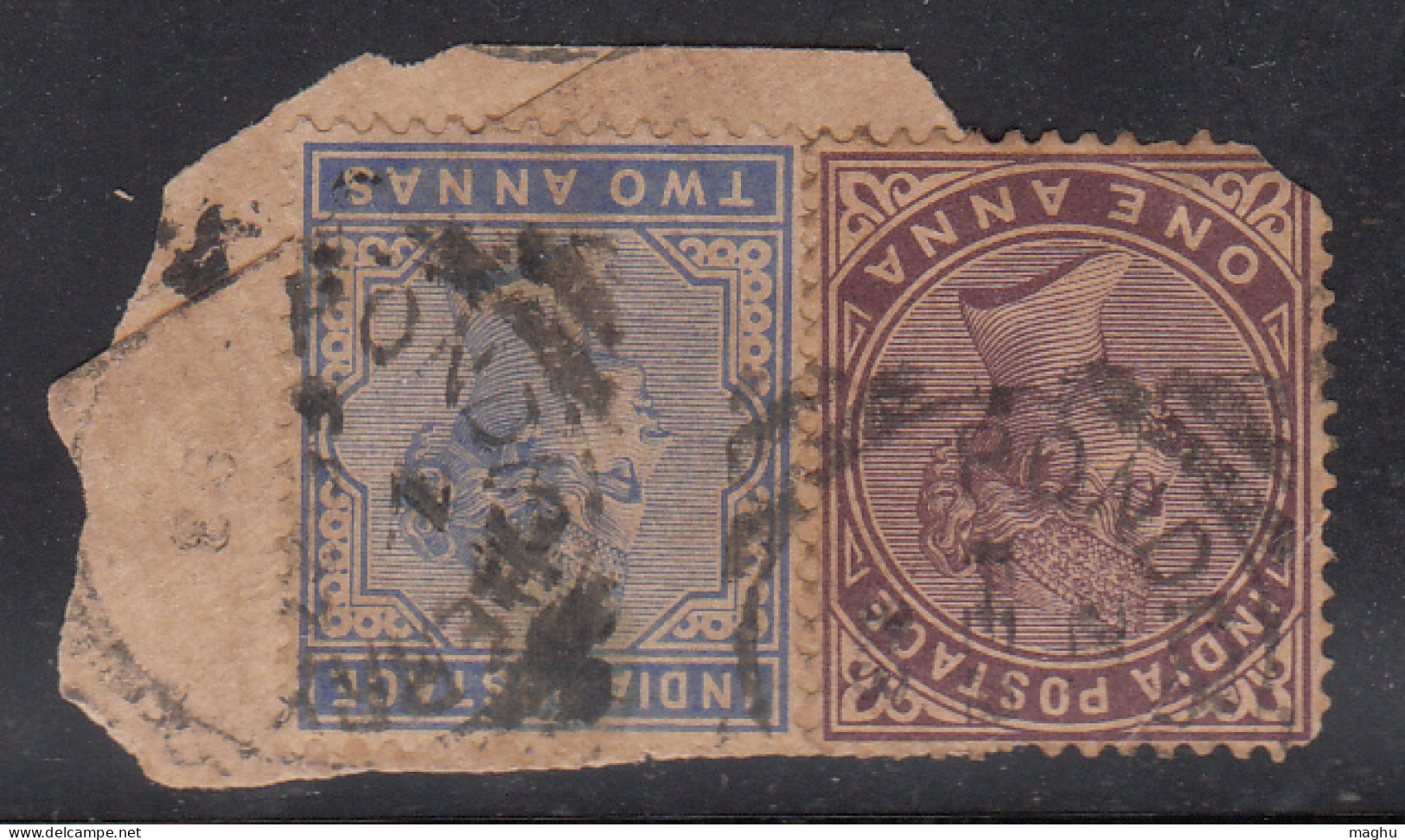 ½a & 2a QV On Piece, French India, British India Used Abroad, Pondicherry CDS Used - Gebruikt