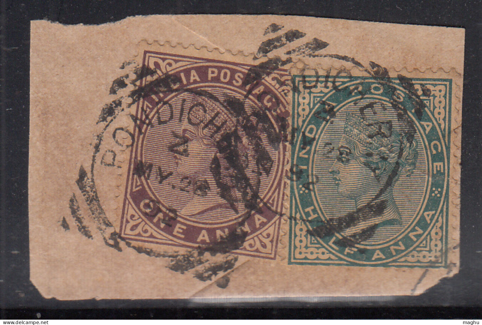 ½a & 1a QV On Piece, French India, British India Used Abroad, Pondicherry CDS Used - Used Stamps