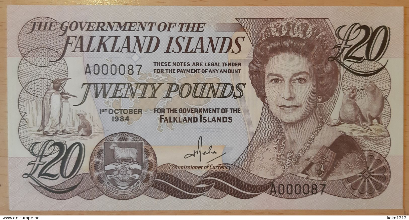 Falkland Islands 20 Pounds 1/10/1984 P15a Serial A000087 LOW NUMBER UNC - Falkland