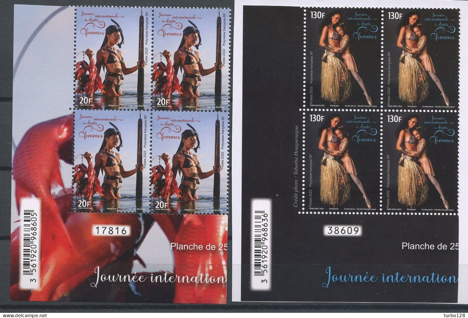 POLYNESIE 2022 N° 1292/1293 ** Blocs De 4 Numérotés Neufs MNH Superbes Journée Du Droit Des Femmes Pêcheuse Danseuse - Unused Stamps