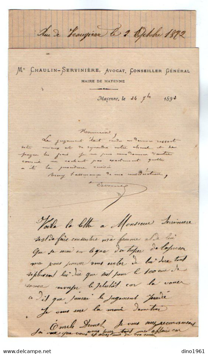 VP22.382 - MAYENNE 1892 - Lettre - Me CHAULIN - SERVINIERE Impliqué Dans L'affaire DREFUS Et Mort Mystérieuse à LE MANS - Politicians  & Military