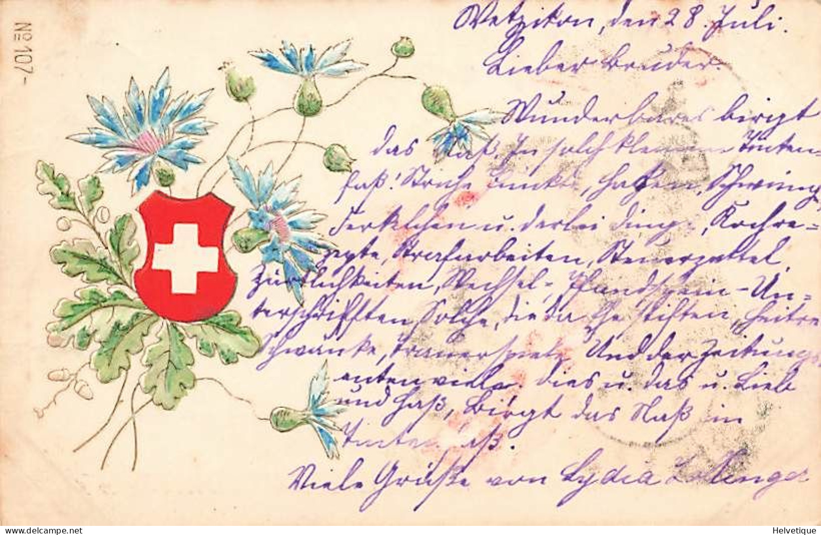 Gaufrée 1900 Drapeau Suisse Schweizer Flagge Bleurs Blumen Feuilles De Chêne Glands Eichenblätter  Eicheln - Au