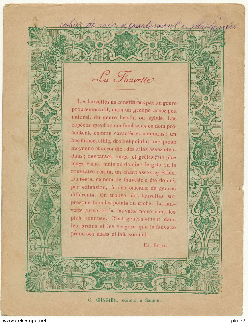 Couverture De Cahier - La Fauvette - C. Charier, Saumur - Protège-cahiers
