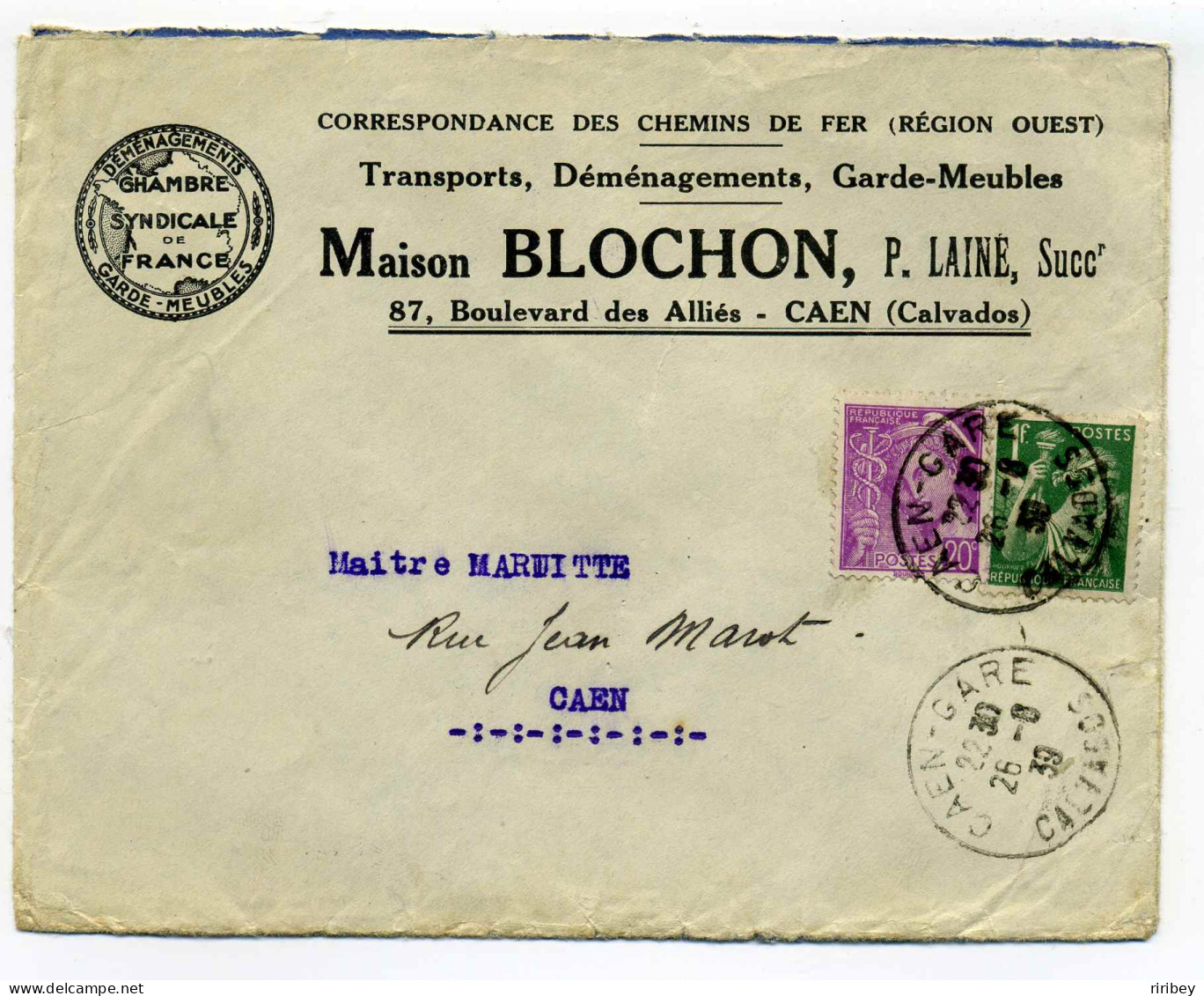 Env Publicitaire /DEMENAGEMENT Chambre Syndicale De France / Maison BLOCHON-Caen Calvados / 1939 - 1921-1960: Periodo Moderno