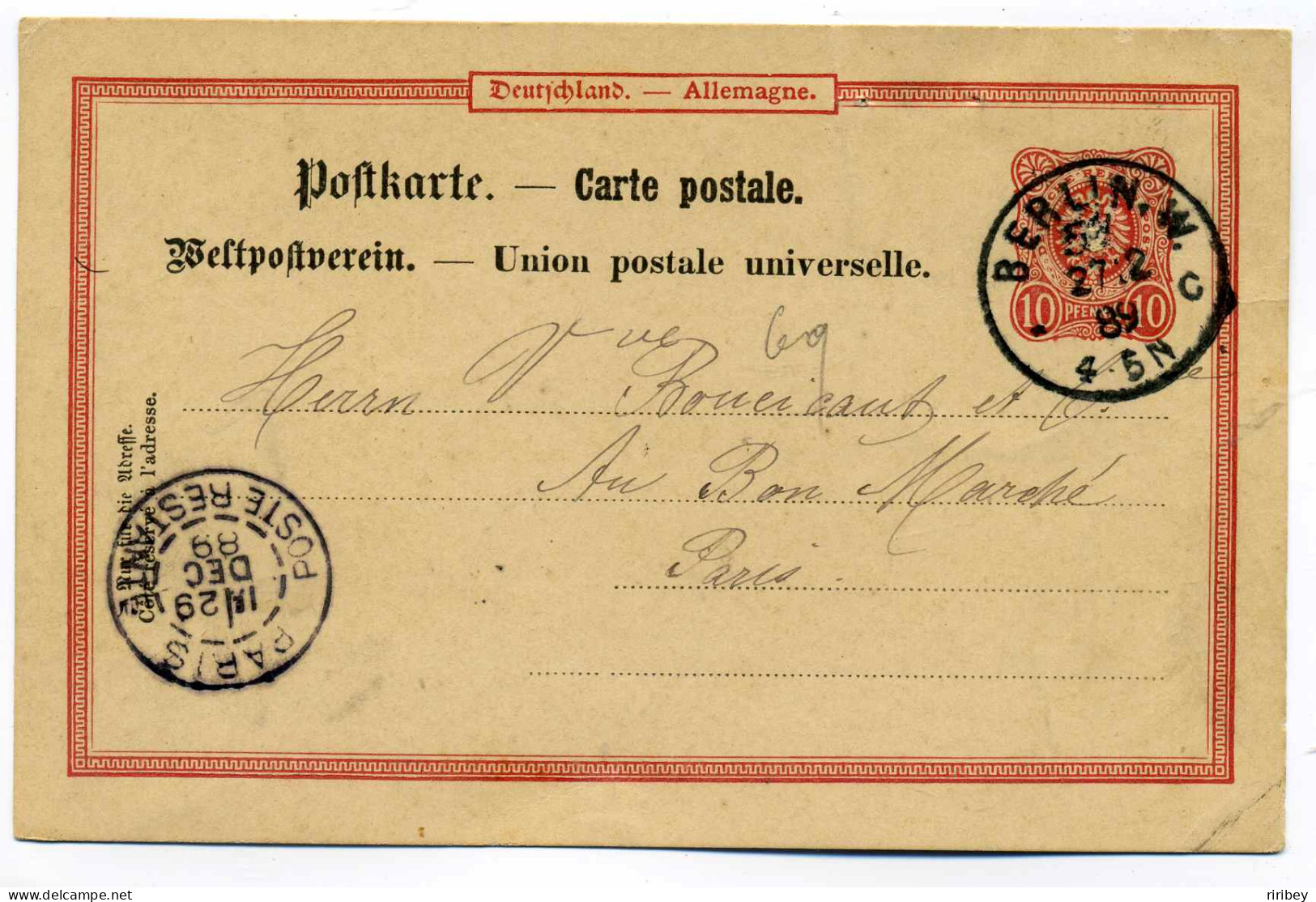 Entier Allemande BERLIN Avec Cachet PARIS POSTE RESTANTE / 1889 - 1877-1920: Periodo Semi Moderno