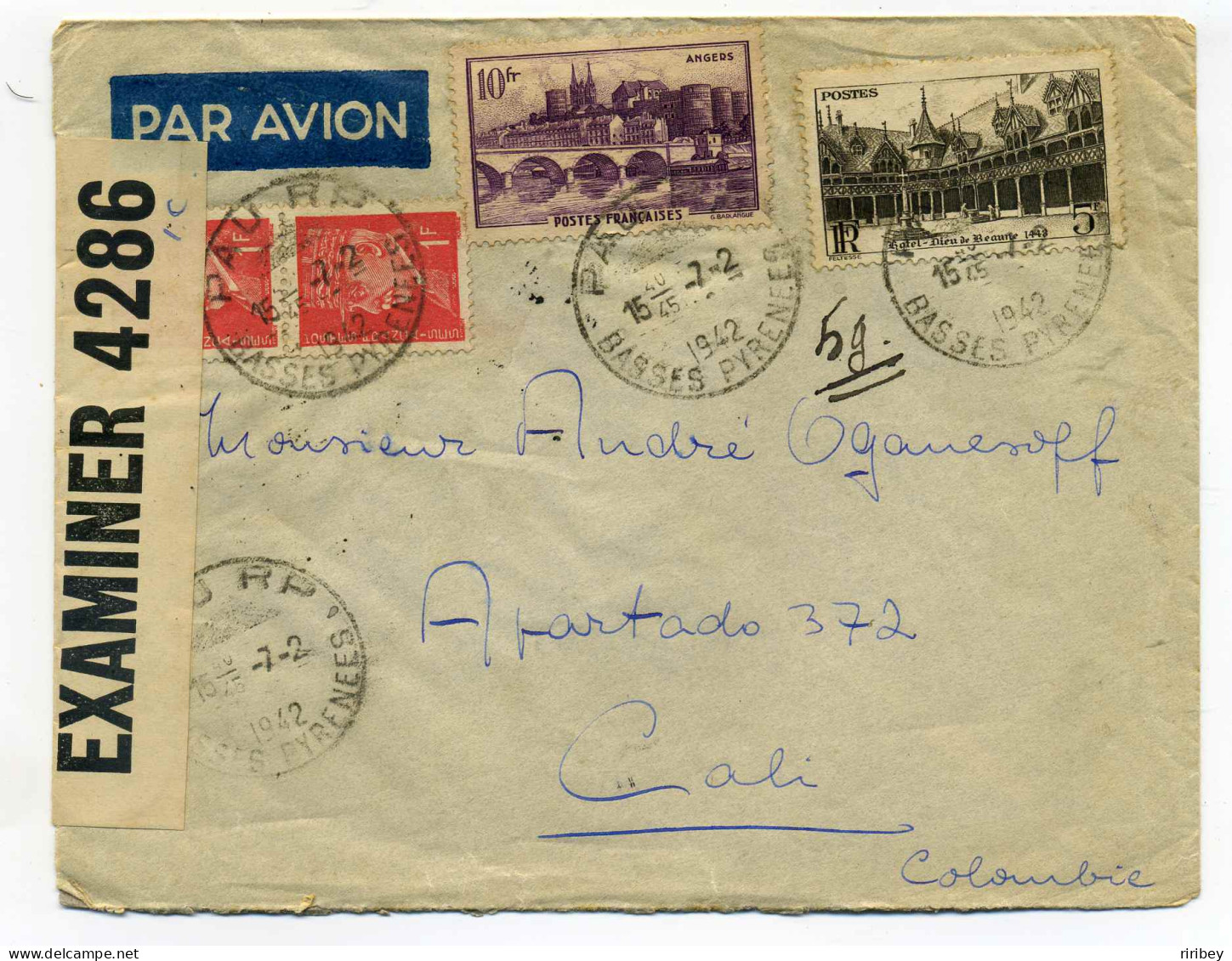 Lettre Par Avion Censurée / PARIS à CALI (COLOMBIE) / 1942 / WW2 / Aff Multiple Tarif 17frs - 1921-1960: Periodo Moderno