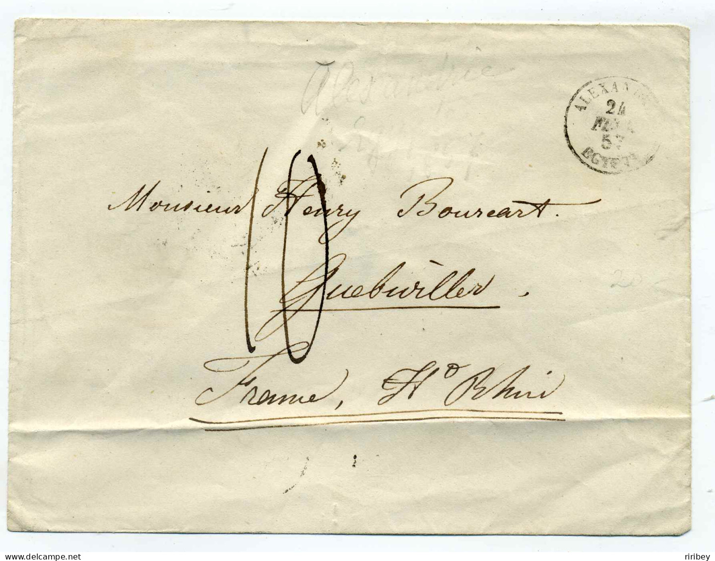 T15 ALEXANDRIE  EGYPTE ( Période Frnaçaise ) / Taxe Manuscrite 10c / 1857 / Pour La France - 1849-1876: Periodo Clásico