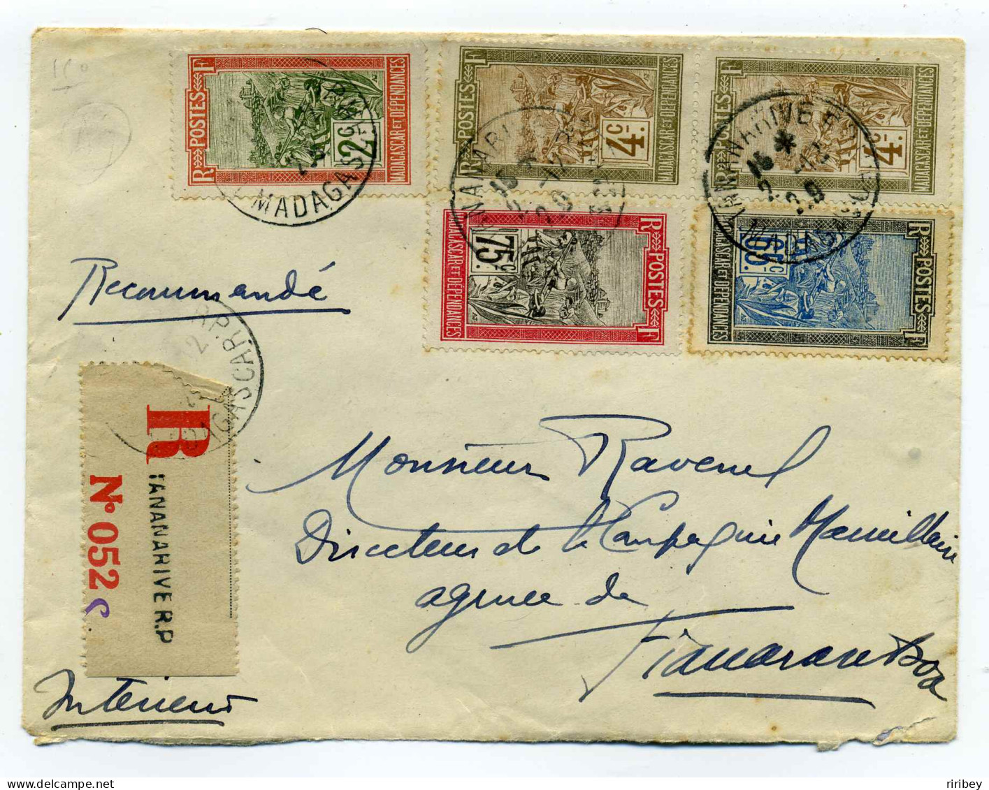 Lettre AR De Tannanarive Pour Fianarantsoa / Madagascar/ 1929 / Service Intérieur / Aff Multiples - Cartas & Documentos