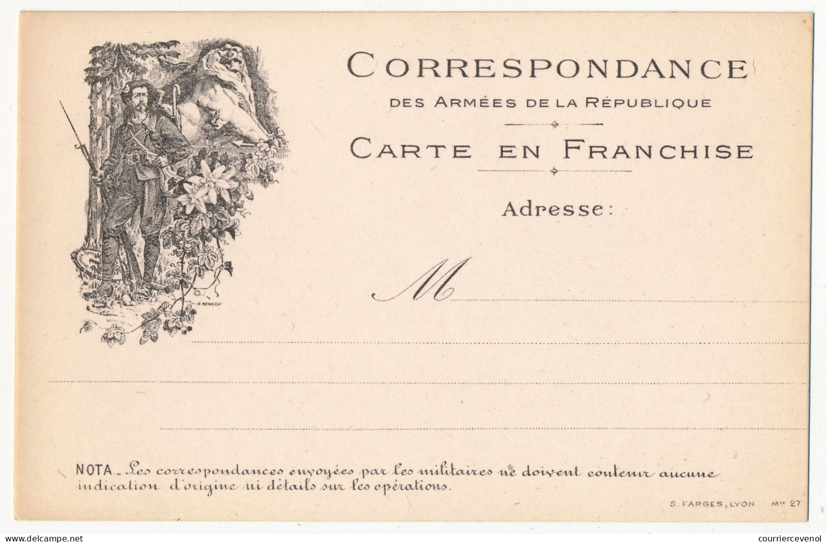 3 CPFM -  Correspondance Armées De La République - Alsacienne Et Chasseur (Belfort) - Editions Farges Lyon - Neuves Sup - Covers & Documents