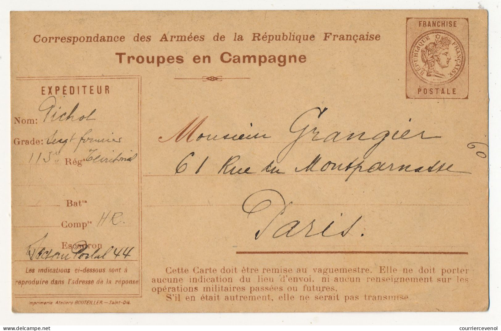 Carte FM D'édition Privée - Correspondance Des Armées De La République Française - "Troupes En Campagne" - Covers & Documents