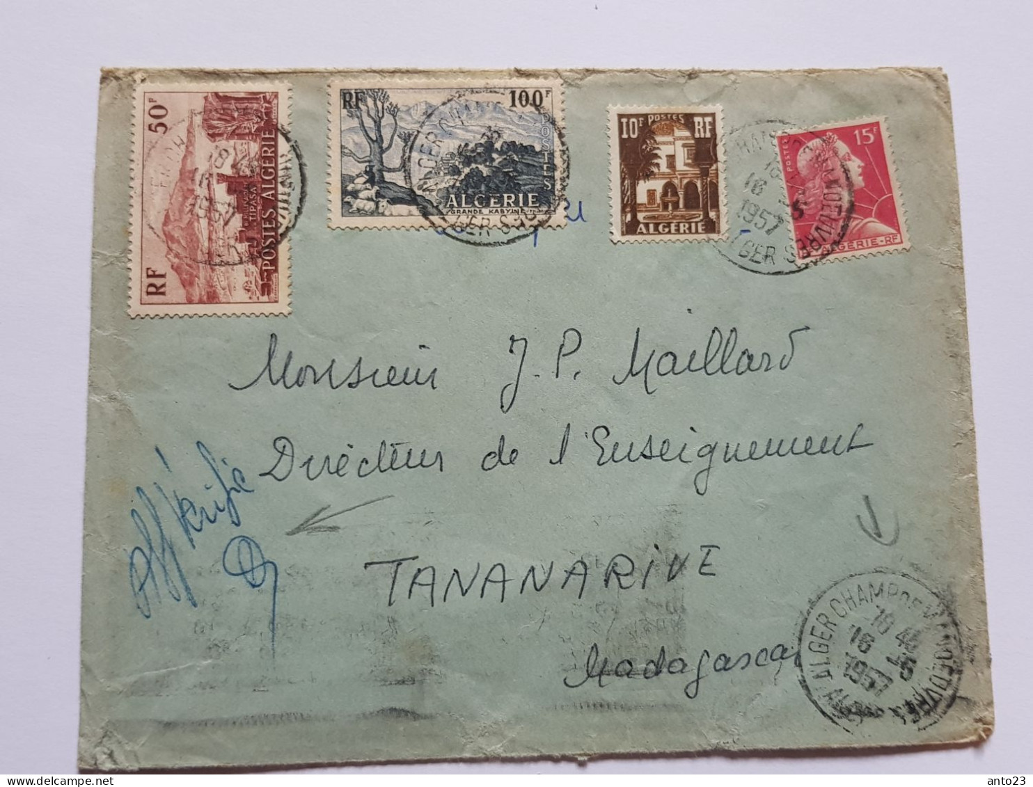 1957 LETTRE ALGER VOIR CACHET " Alger Champ De Manœuvre " POUR TANARIVE MADAGASCAR - Lettres & Documents