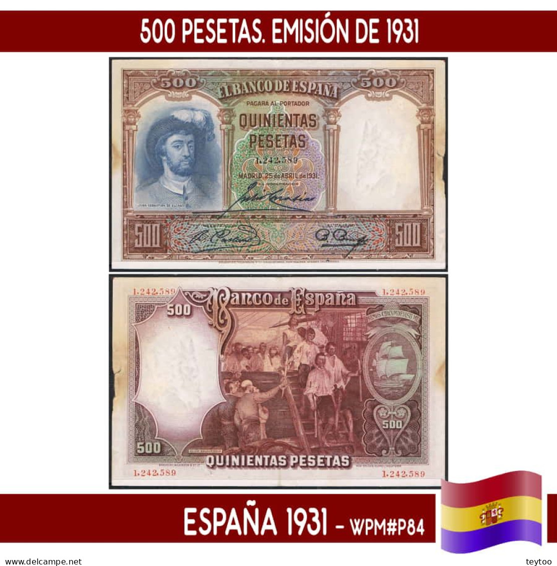 B0976.1# España 1931. 500 Pts. Juan Sebastián Elcano (VF) WPM#P84 - 500 Pesetas