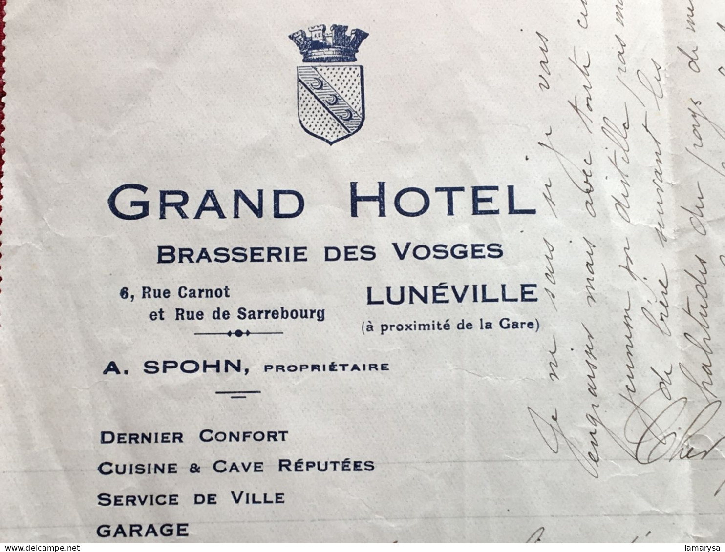 Lettre Manuscrit Entête Gd Hôtel brasserie des Vosges Lunéville+ Photo militaire Raymond à Fraibois/Monteil-Nancy-Bières