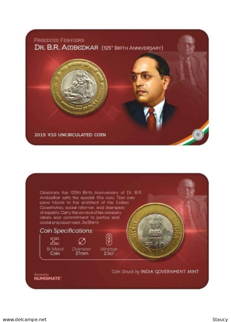 INDIA 2015 Dr. B R Ambedkar 125 Birth Anniversary Commemorative Rs.10.00 COIN In Card  Packed By NUMISMATE As Per Scan - Fiktive & Specimen