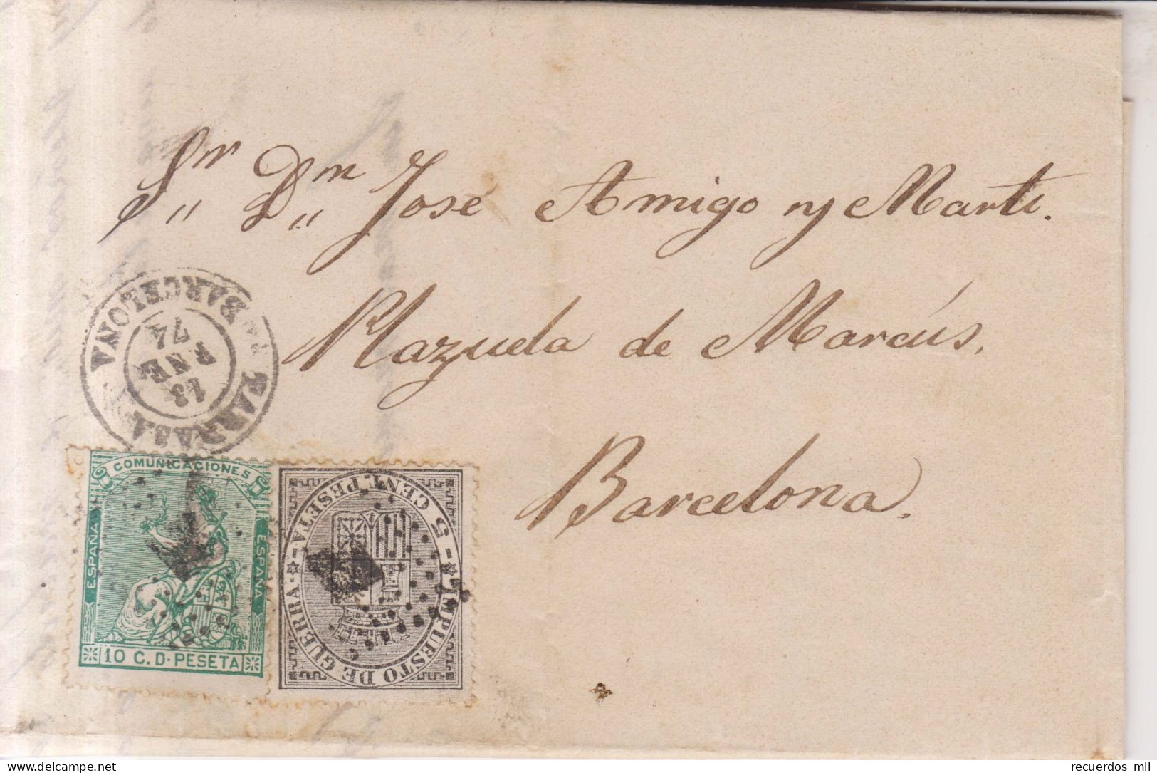 Año 1873 Edifil 133-141 Carta Matasellos Rombo Tarrasa Barcelona Pablo Alegre - Lettres & Documents