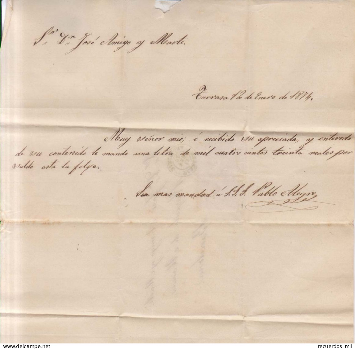 Año 1873 Edifil 133-141 Carta Matasellos Rombo Tarrasa Barcelona Pablo Alegre - Cartas & Documentos