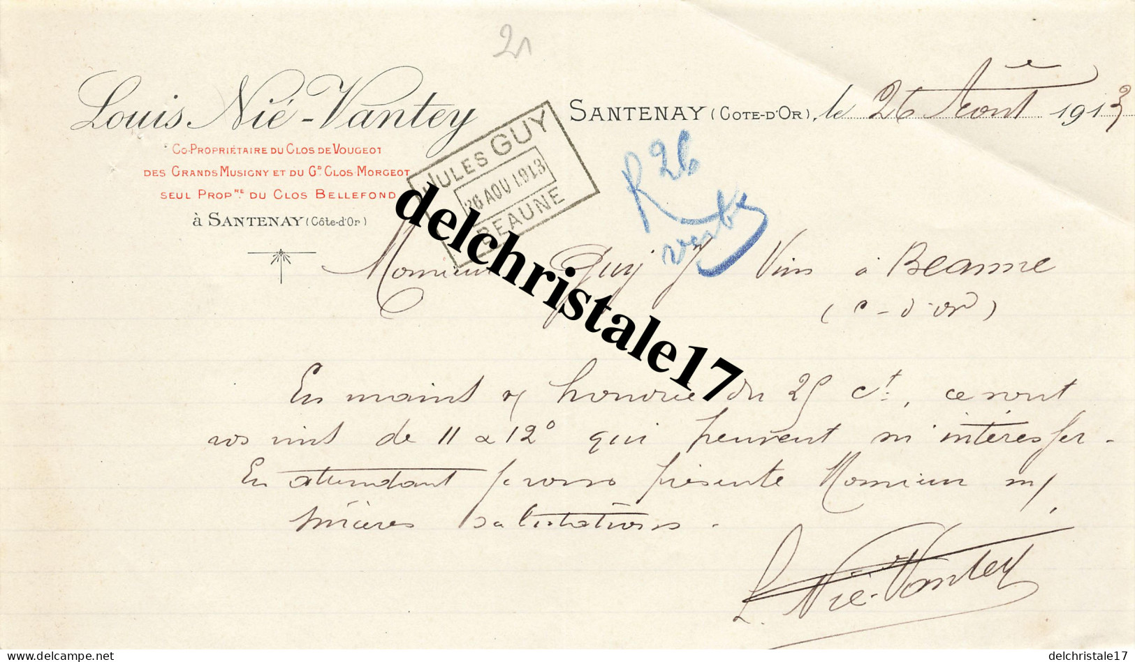 21 0054 SANTENAY CÔTE-D'OR 1913 Vins De Bourgogne Louis NIÉ-VANTEY Proprétaire Du Clos BELLEFOND à M. GUY - Henderson