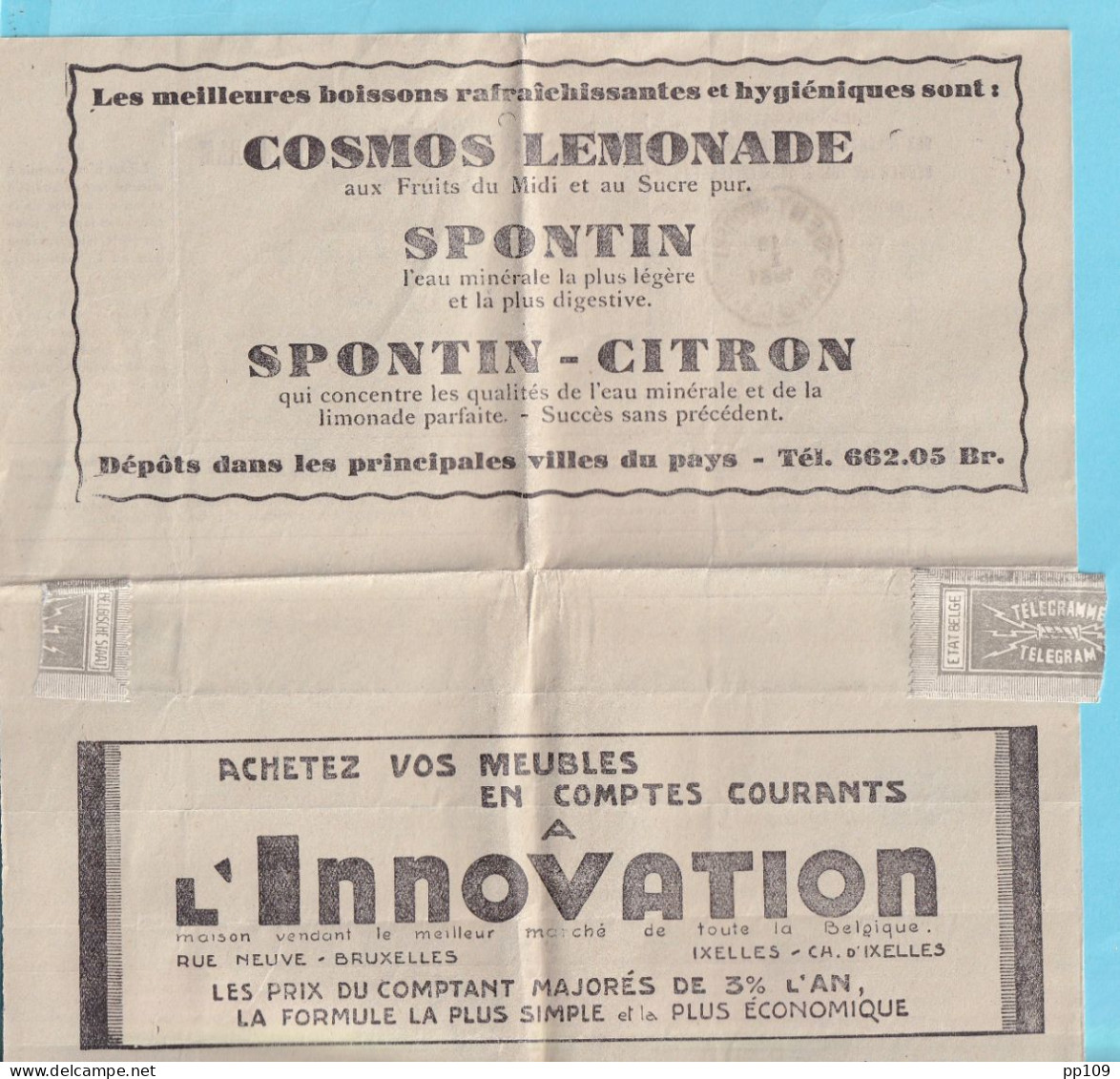 Télégramme Publicitaire  Cosmos Lemonade Spontin INNOVATION  Obl Octogonale GENT MIDDEN GAND CENTRE 18 I 1931 - Télégrammes