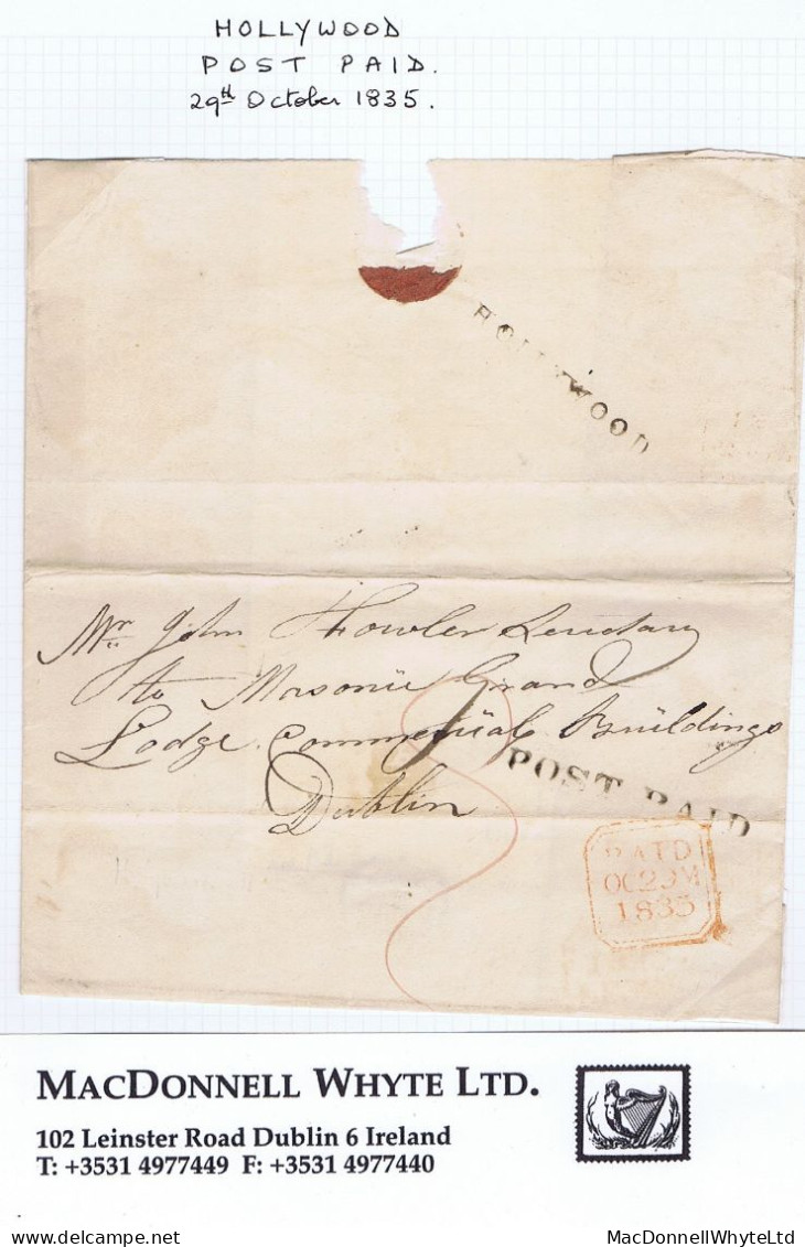 Ireland Down 1835 Masonic Cover To Dublin Paid "9" With Hollywood POST PAID And Matching HOLLYWOOD In Black - Prephilately