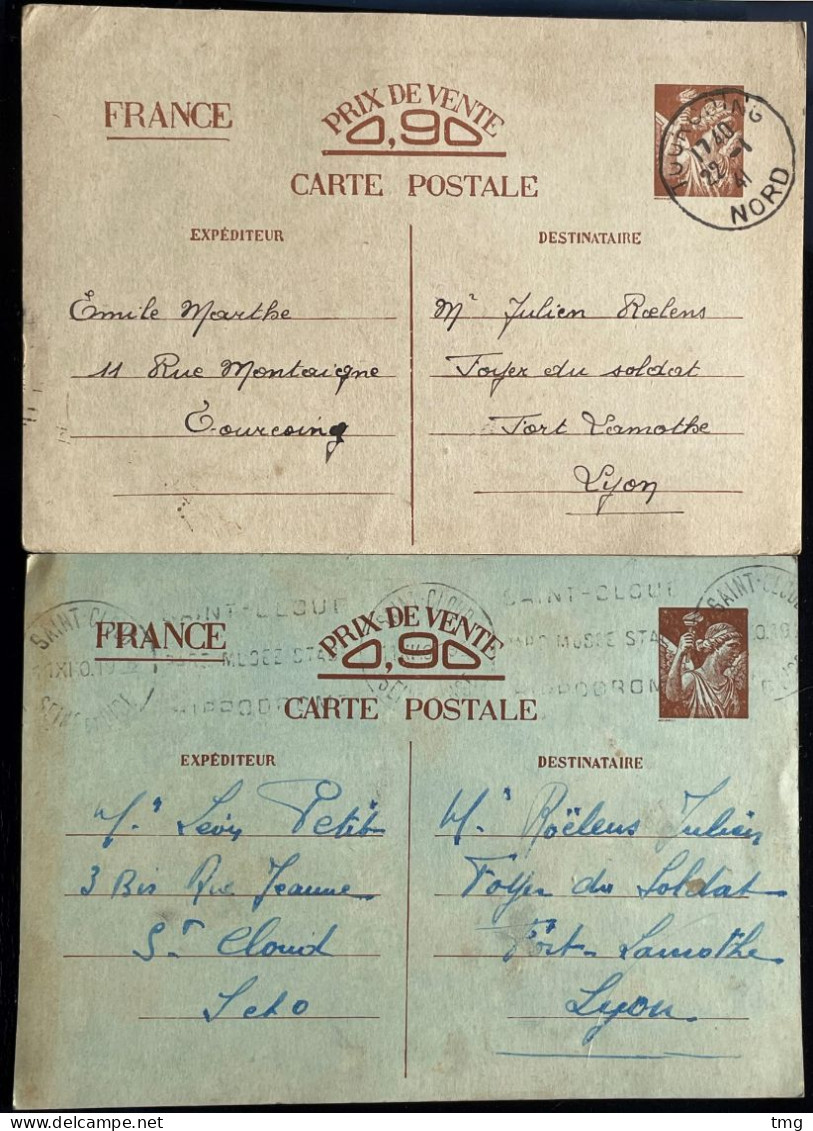 EP X2 Sans Valeur CP1 Iris Brun Sur Beige Tourcoing 22.1.41 Et Brun Sur Vert Clair Saint-Cloud 11.10.40 France – 60kdo - Cartes/Enveloppes Réponse T