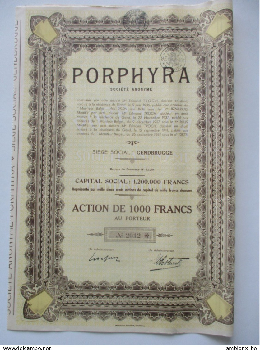 Porphyra - Gendbrugge - Capital 1 200 000 - Action De 1000 Francs - Industrie