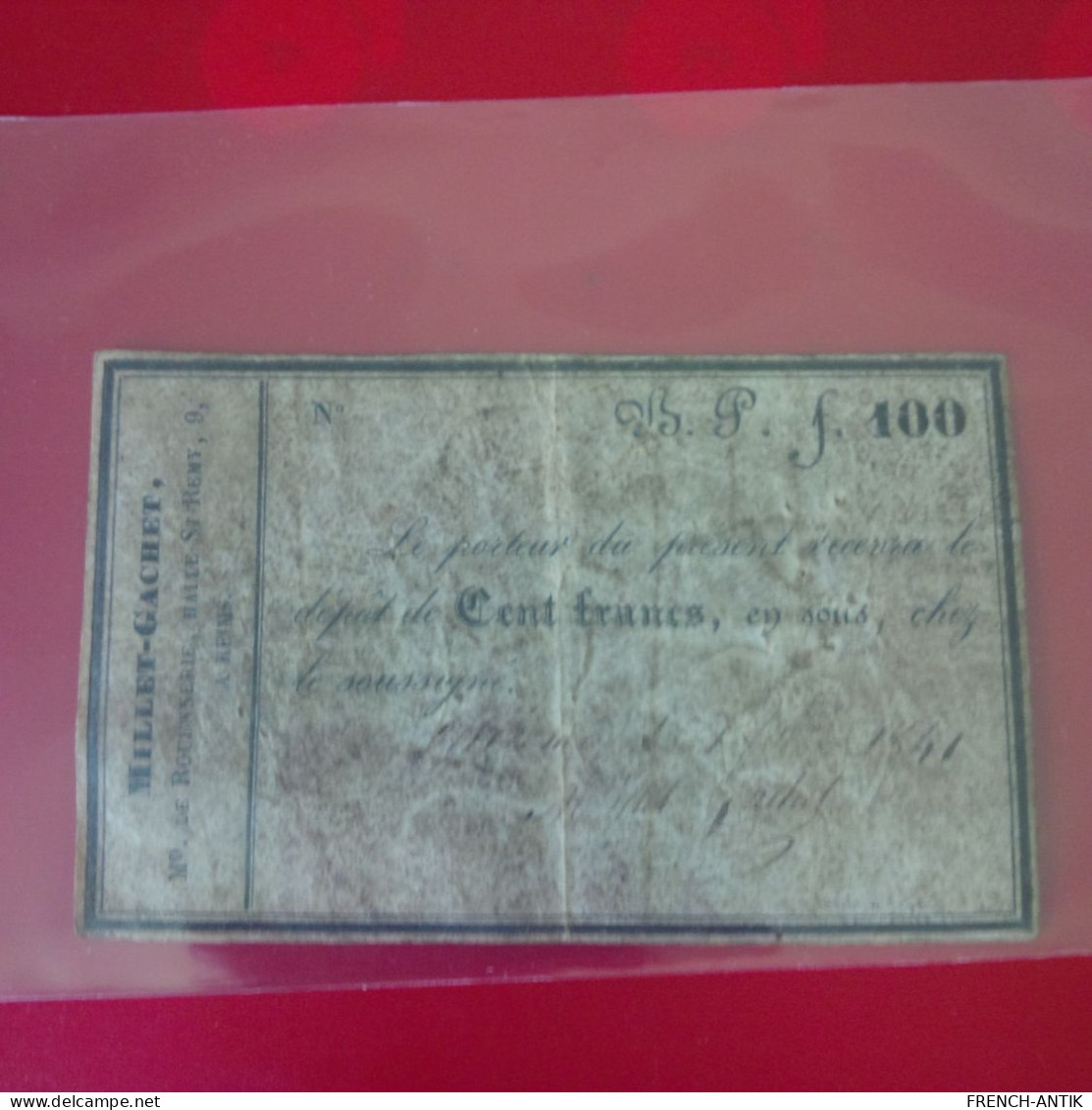 BILLET 100 FR REIMS MILLET GACHET 1841 - Altri – Europa