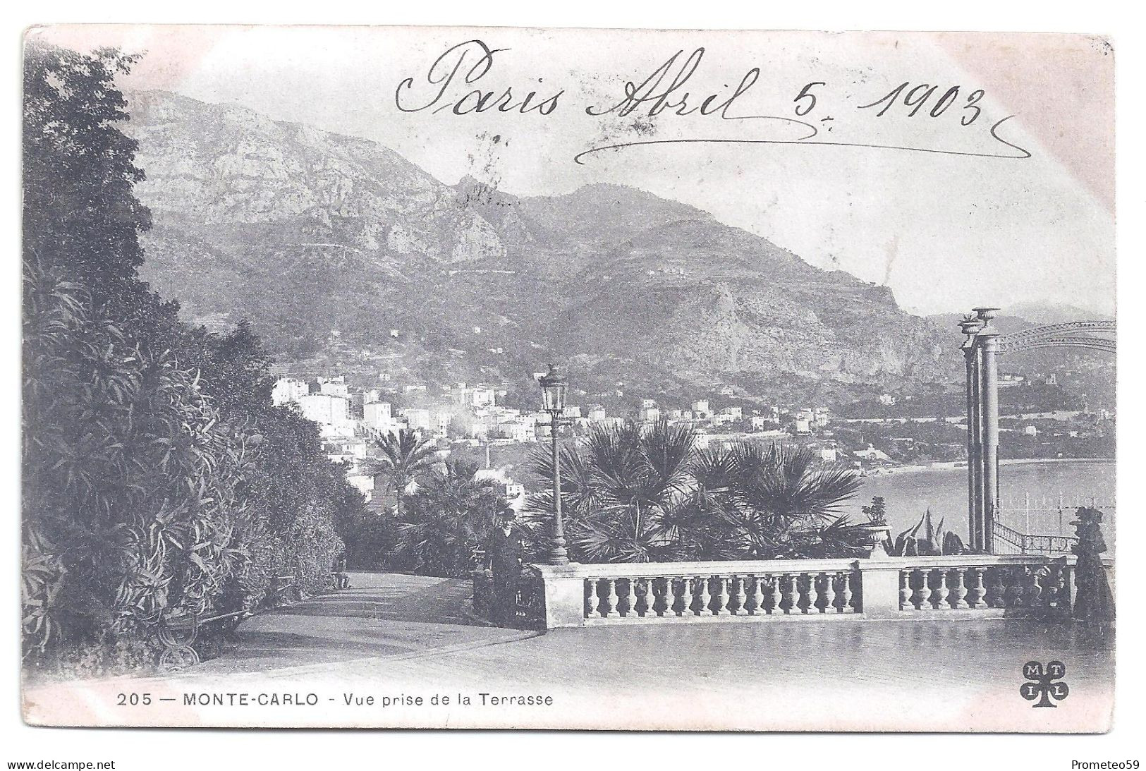 Antigua Postal Postcard “Vue Prise De La Terrasse – Montecarlo” – Mónaco – Usada Con 3 Estampillas Valiosas Y Franqueo - Les Terrasses