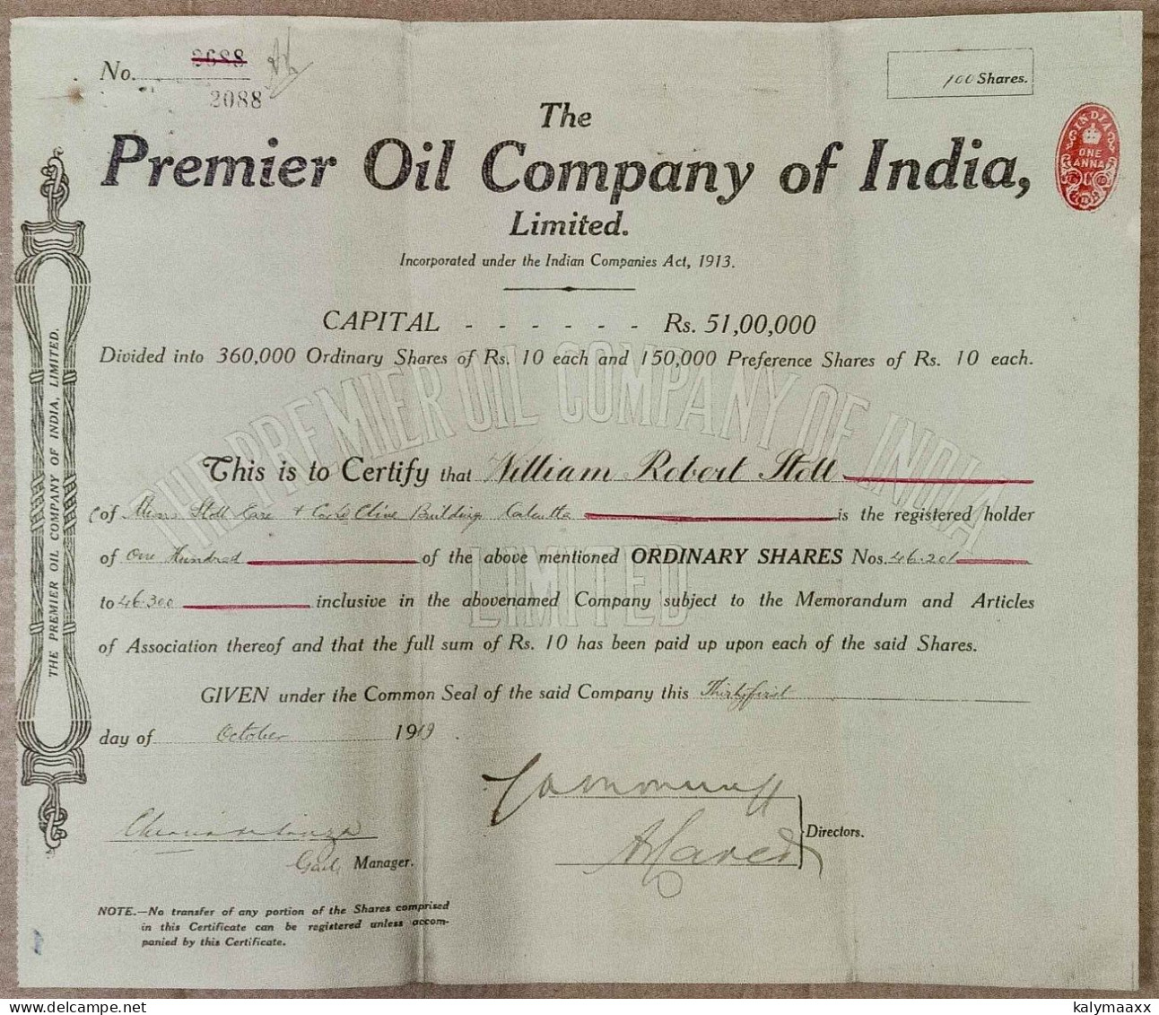 BRITISH INDIA 1919 THE PREMIER OIL COMPANY OF INDIA LIMITED.....SHARE CERTIFICATE - Oil