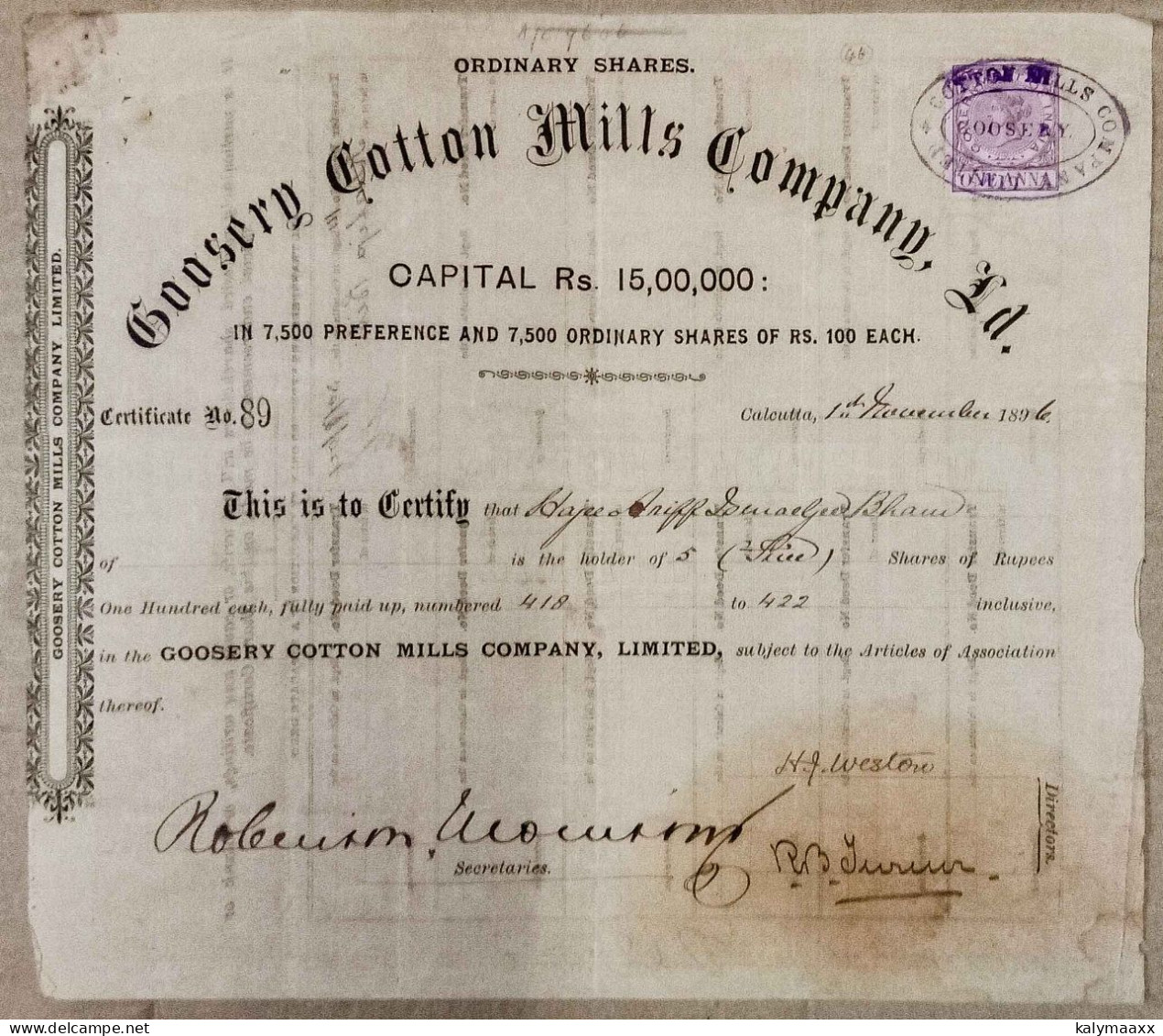 BRITISH INDIA 1896 GOOSERY COTTON MILLS COMPANY LIMITED.....SHARE CERTIFICATE - Tessili