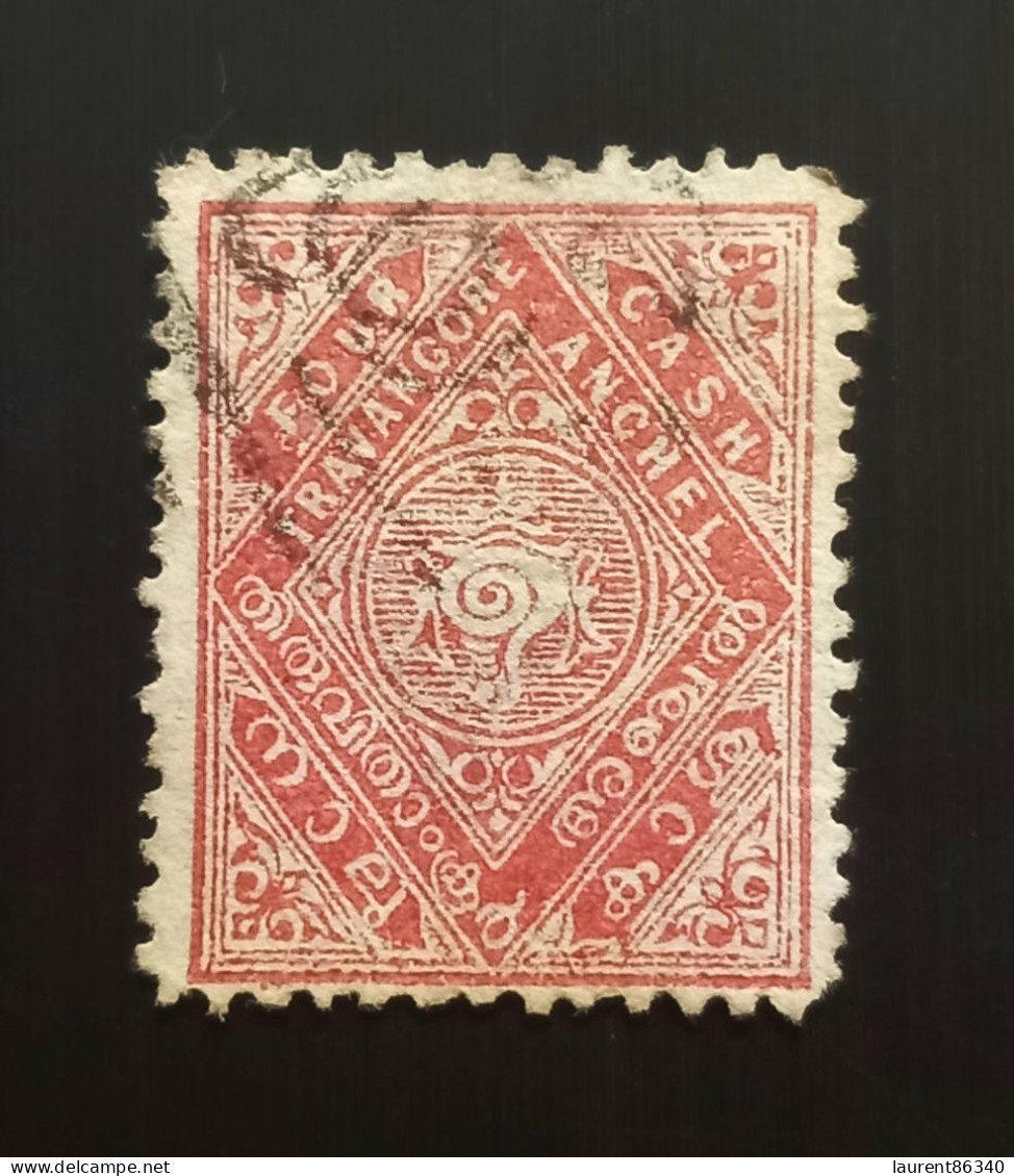 INDE Travancore 1908 State Emblem - Shell - Inscriptions In English  4 Ca Used - Travancore