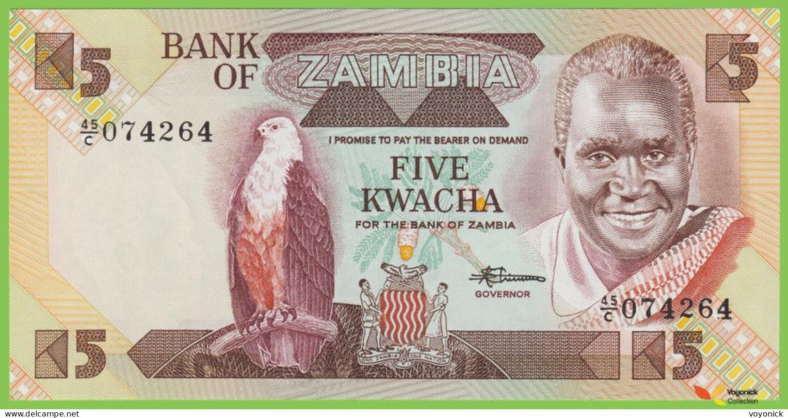 Voyo ZAMBIA 5 Kwacha ND/1980-88 P25d B126d 45/C UNC Fish Eagle - Zambie