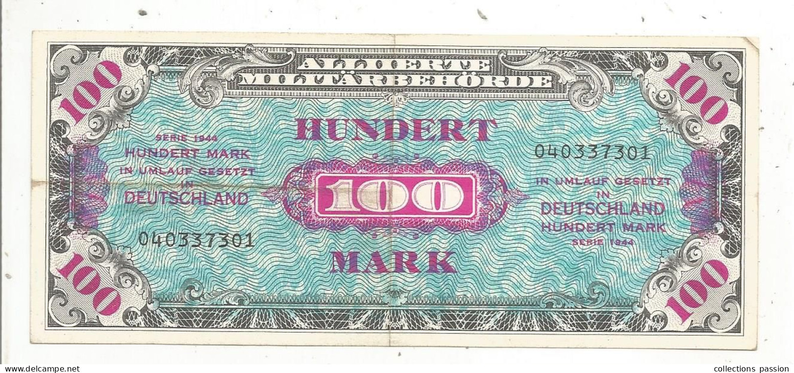 Billet , Allemagne, Allherte Militärbehörde, Hundert, 100 Mark, Série 1944, 2 Scans - 2° Guerre Mondiale