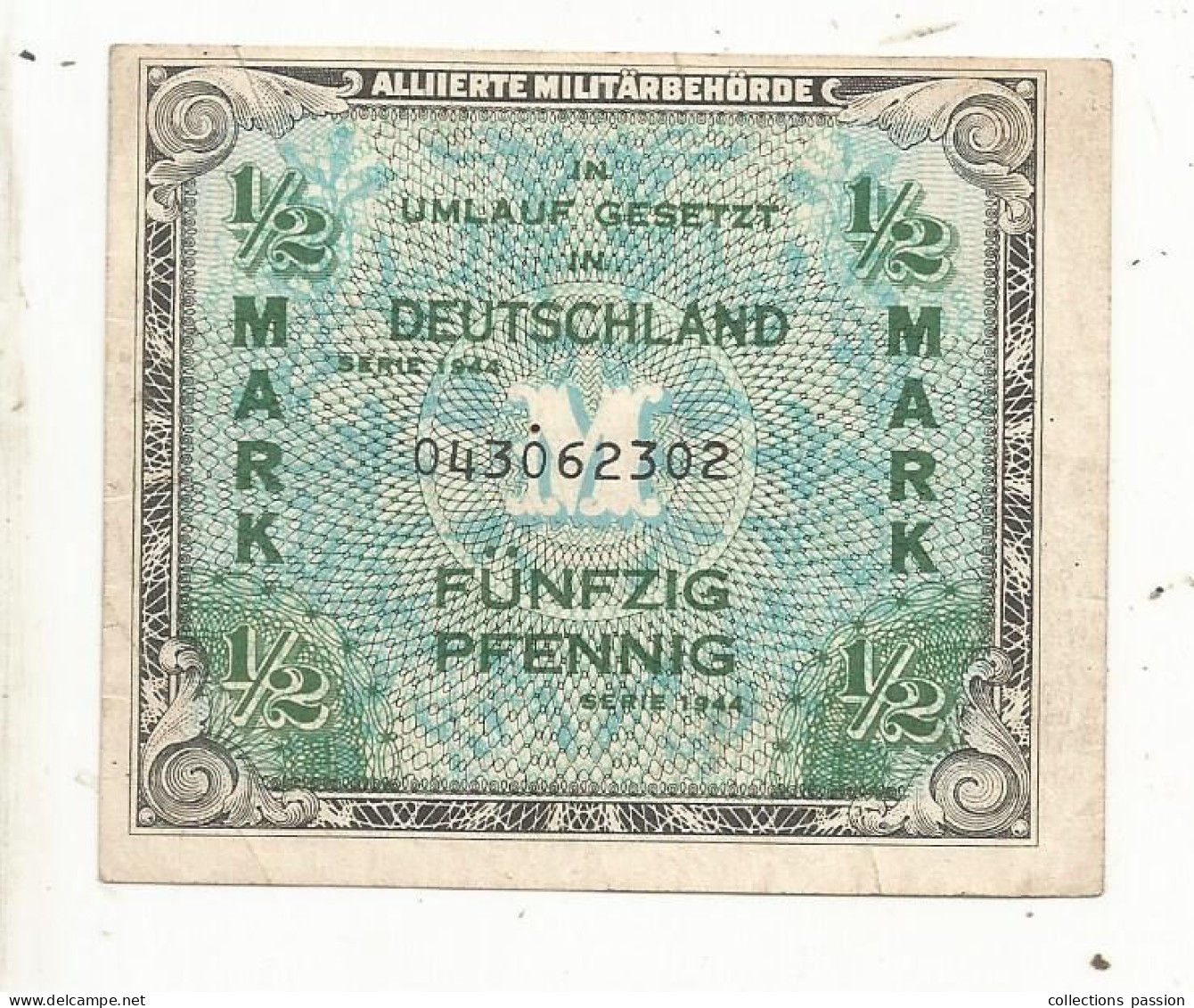 Billet , Allemagne, Allherte Militärbehörde, 1/2 Mark, Fünfzig Pfennig , Série 1944, 2 Scans - WW2