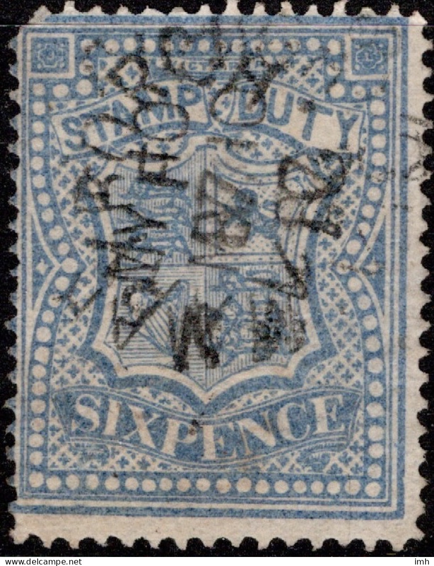 Vic 1884 SG 266 Six Pence Ultramarine Stamp Duty Used Cat £25 - Oblitérés