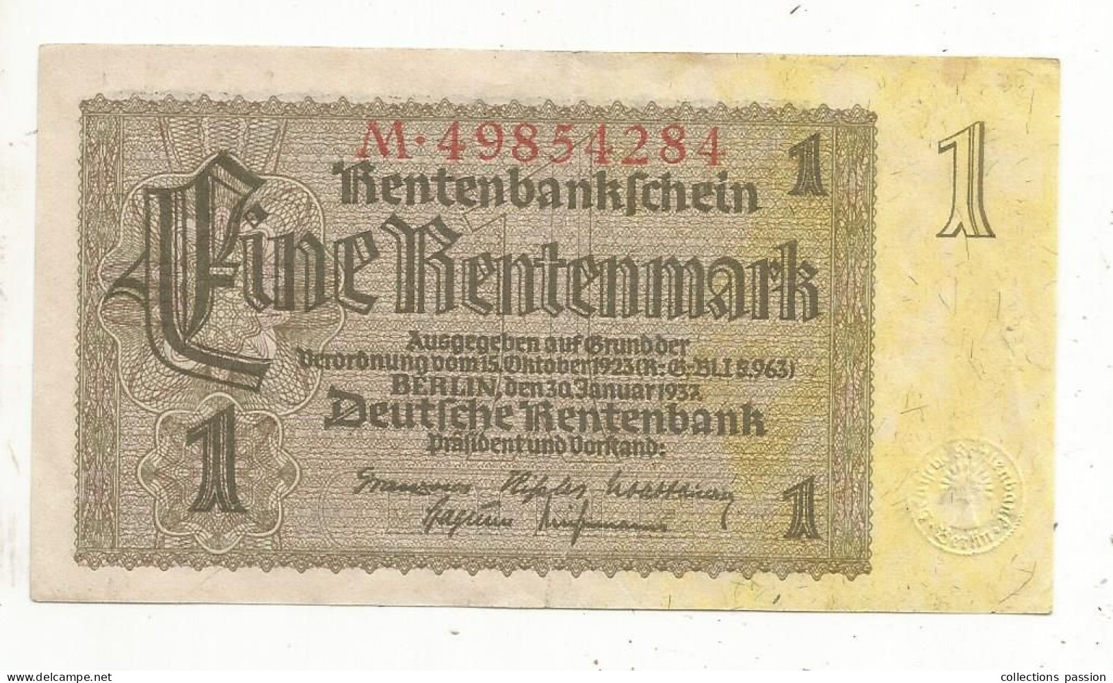 Billet , Allemagne, Rentenbankschein, Eine, 1 Rentenmark, 1923/ 1937, SUP, 2 Scans - Sammlungen