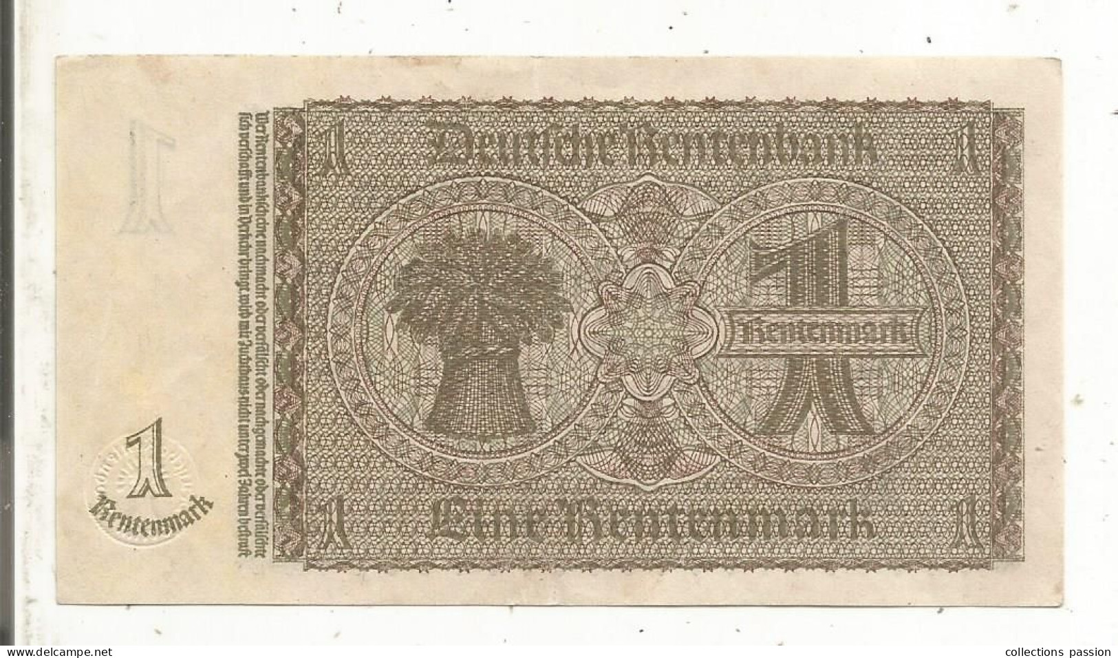 Billet , Allemagne, Rentenbankschein, Eine, 1 Rentenmark, 1923/ 1937, SUP, 2 Scans - Collections