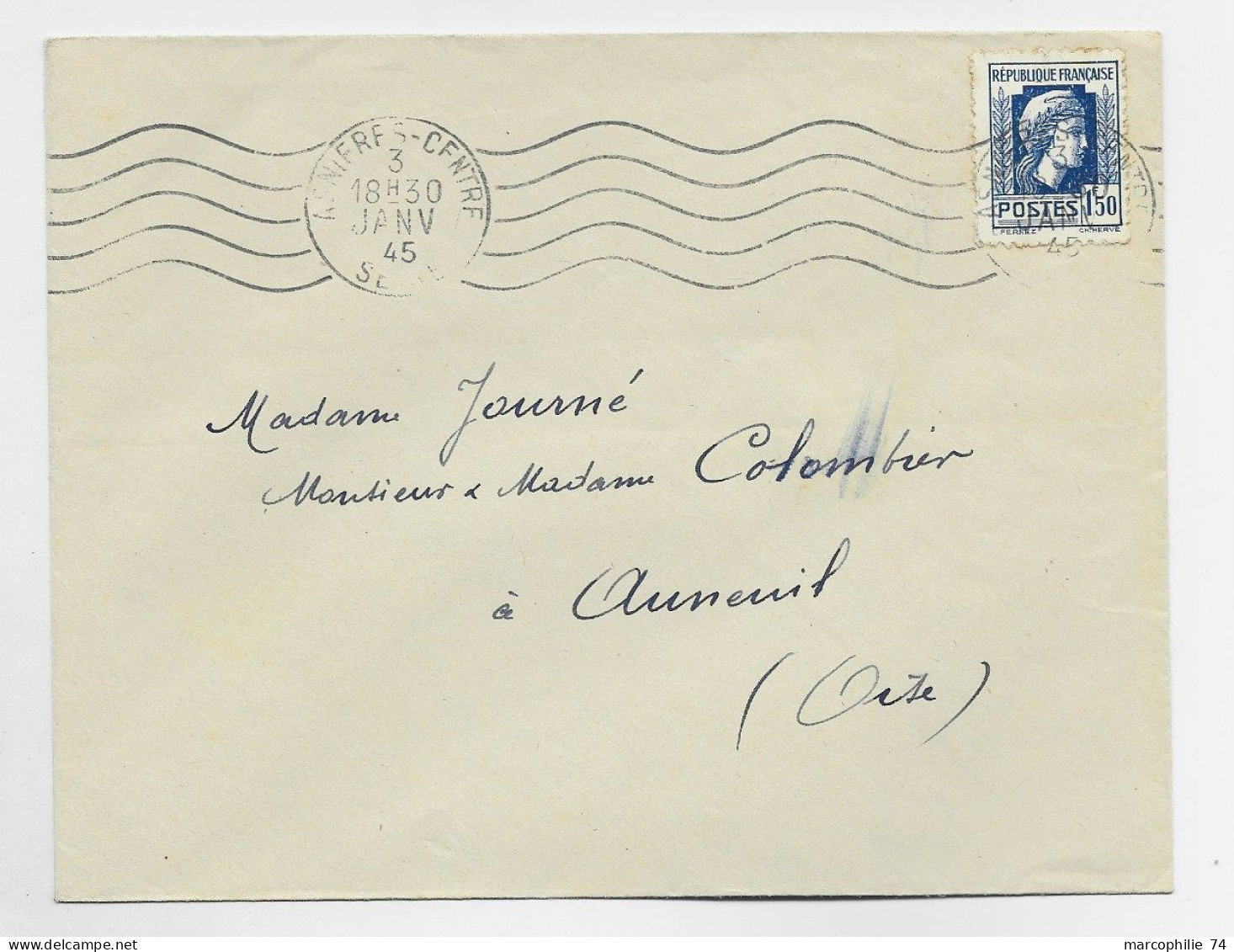 FRANCE N° 639 SEUL LETTRE MEC ASNIERES CENTRE 3 JANV 1945 AU TARIF - 1944 Coq Et Marianne D'Alger