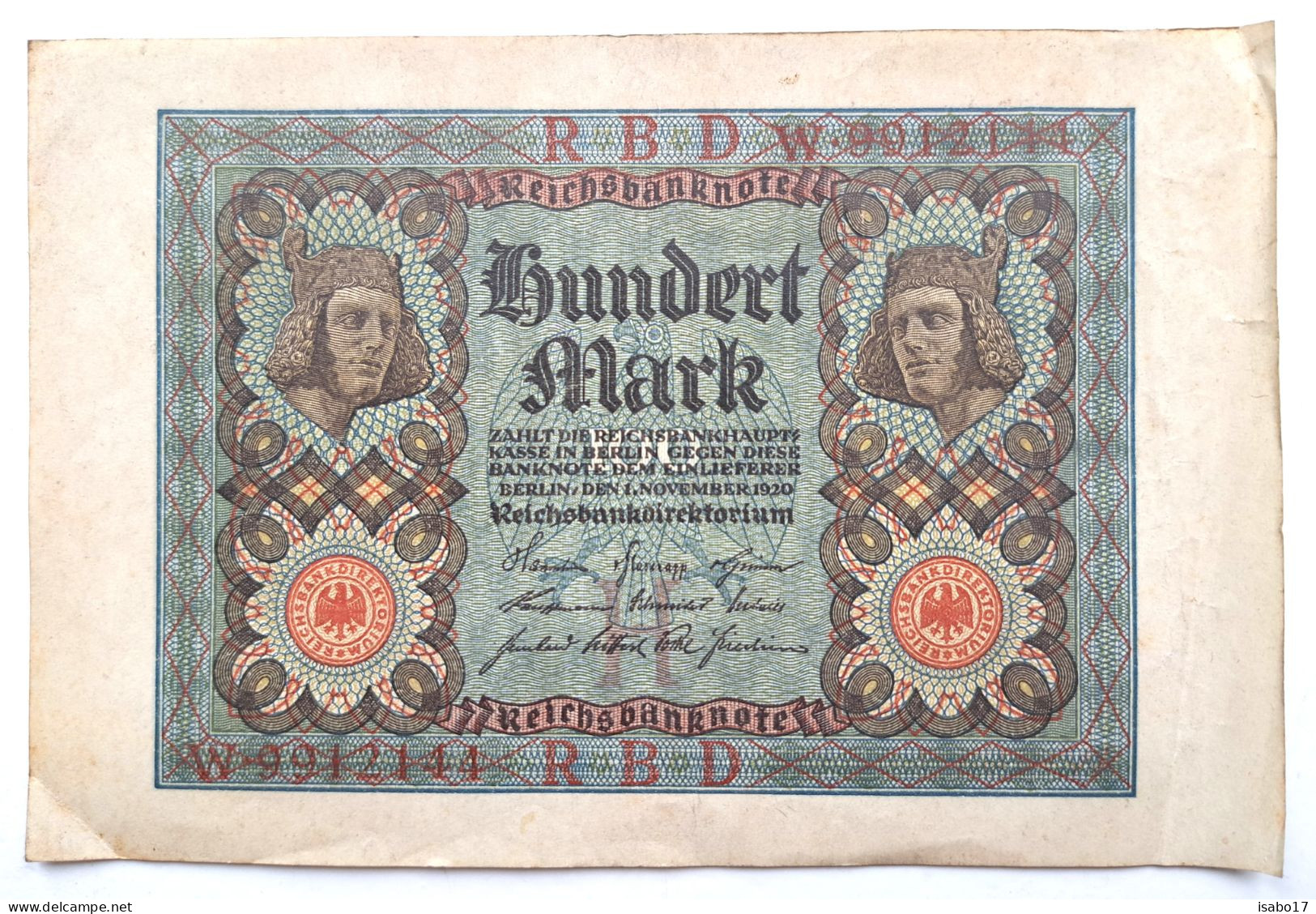 100 Mark Alte Reichsbanknote W9912144    1.11.1920 - 100 Mark