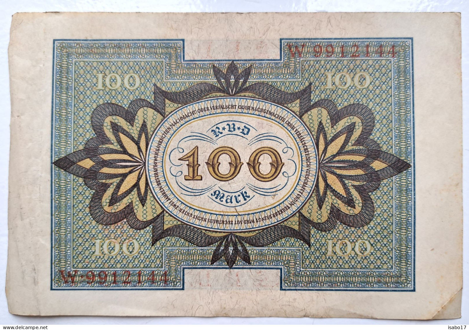 100 Mark Alte Reichsbanknote W9912144    1.11.1920 - 100 Mark