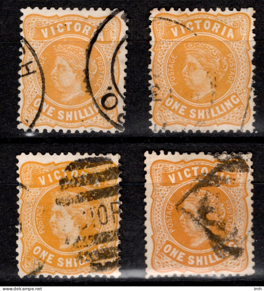 Vic 1901-10 One Shilling 1/- Yellow / Orange Four Shades  (With Word POSTAGE) Cat £8.00+ - Used Stamps