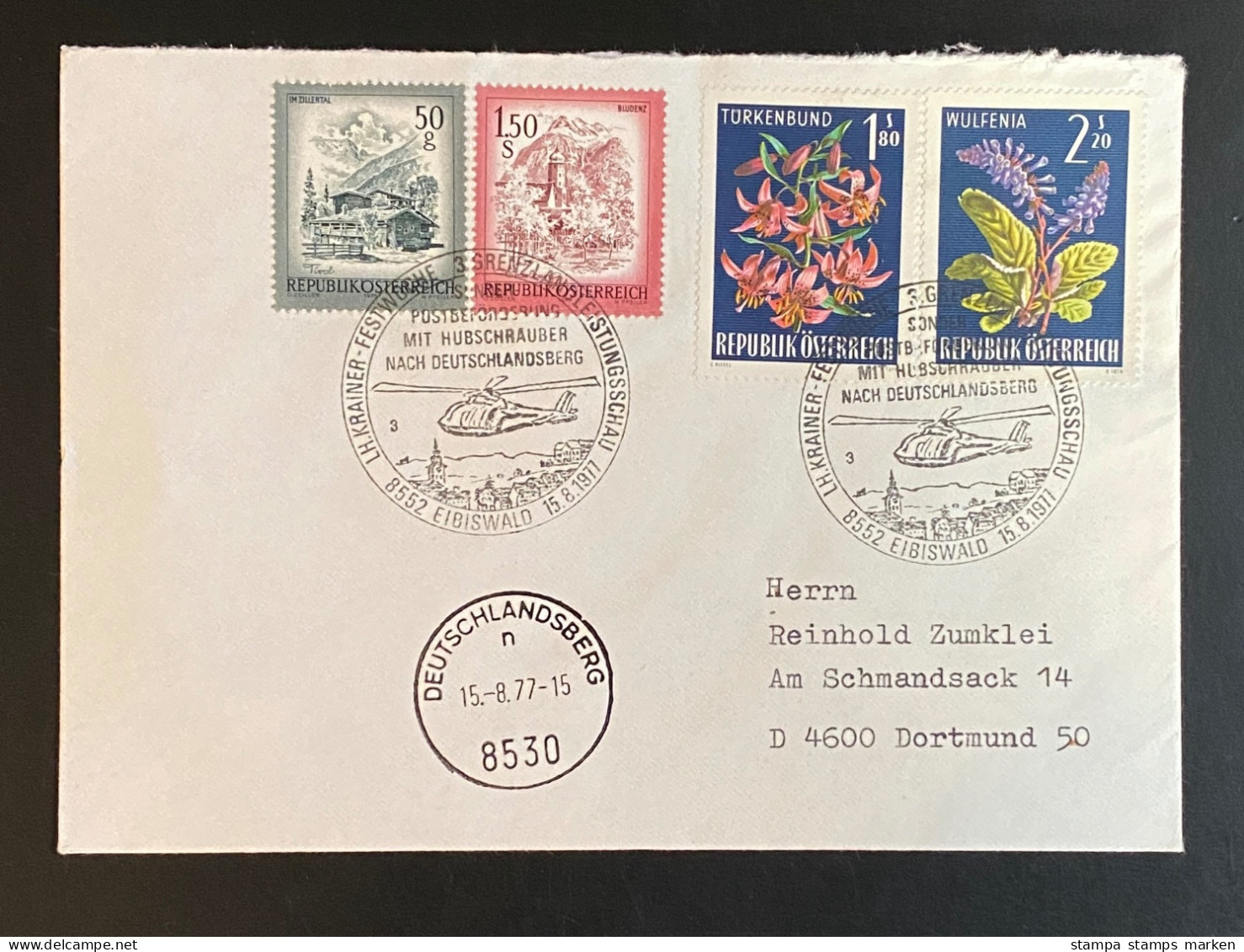 Österreich 1977 Sonderpostbeförderung Hubschrauberpost Sonderstempel EIBISWALD Buntfrankatur - Primeros Vuelos