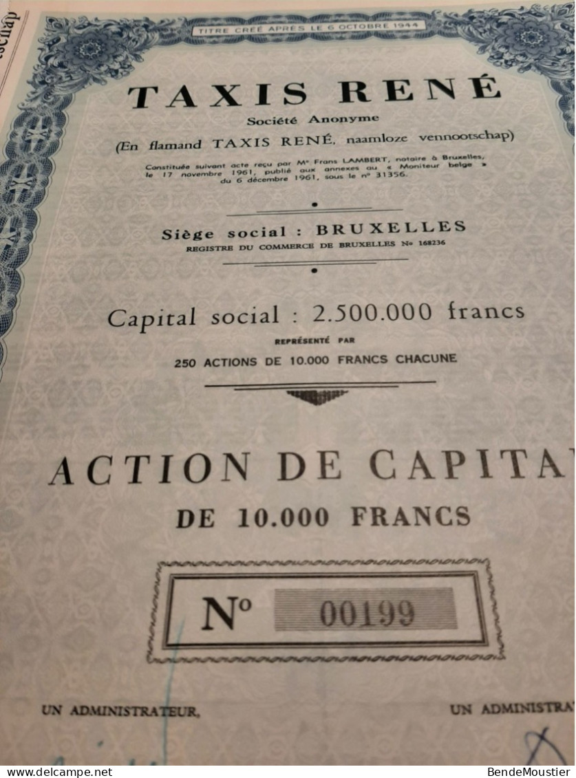 Taxis René S.A. - Action De Capital De 10.000 Frs - Bruxelles Déc. 1961. - Automobile