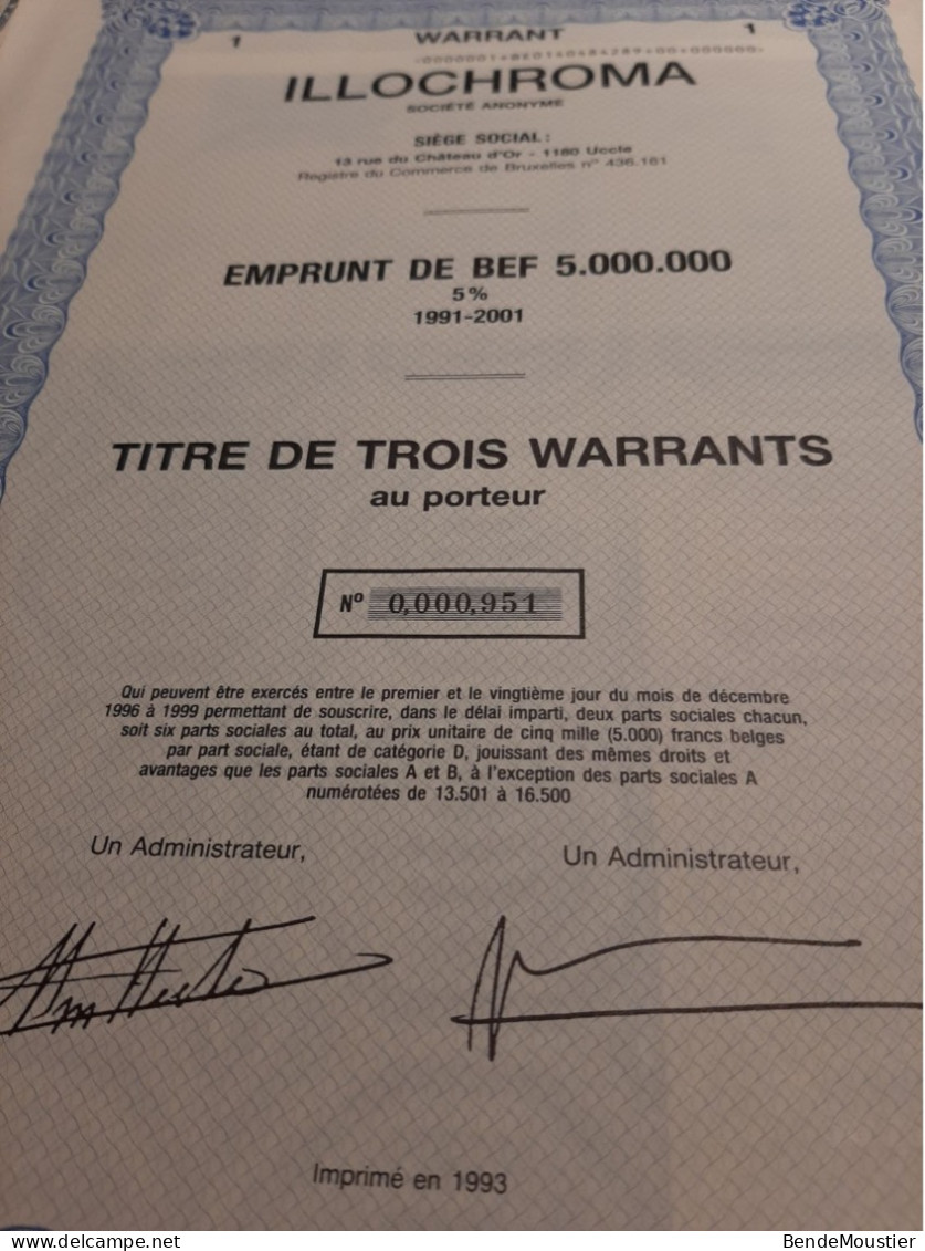 ILLOCHROMA S.A. - Emprunt De BEF 5.000.000 5 % 1991-2001 - Titre De 3 Warrants Au Porteur - Uccle 1991. - Bank & Versicherung