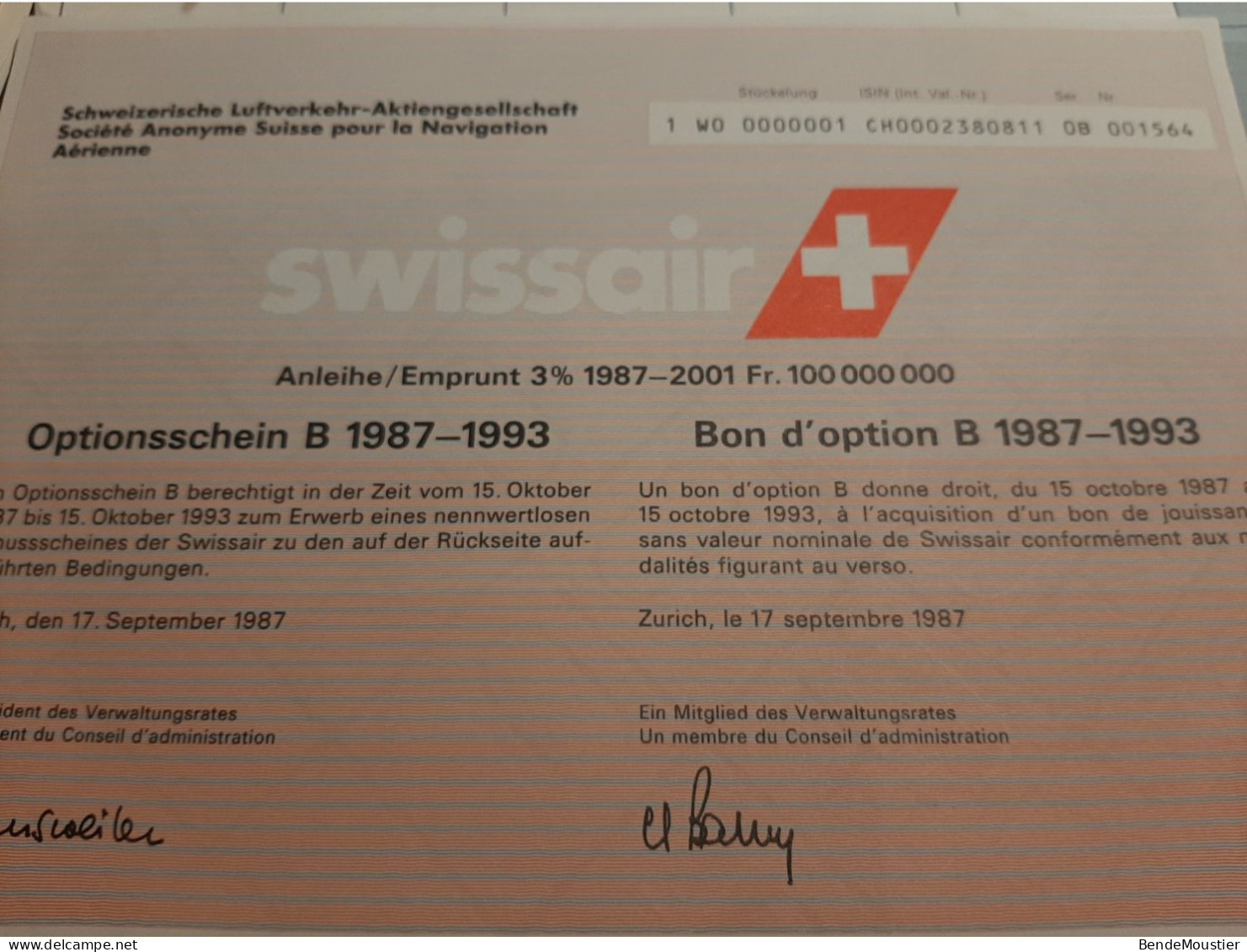 SWISSAIR - SA Suisse Pour La Navigation Aérienne -  Emprunt 3 % 1987-1993 - Bon D'Option B - Zurich Sept. 1987. - Aviación
