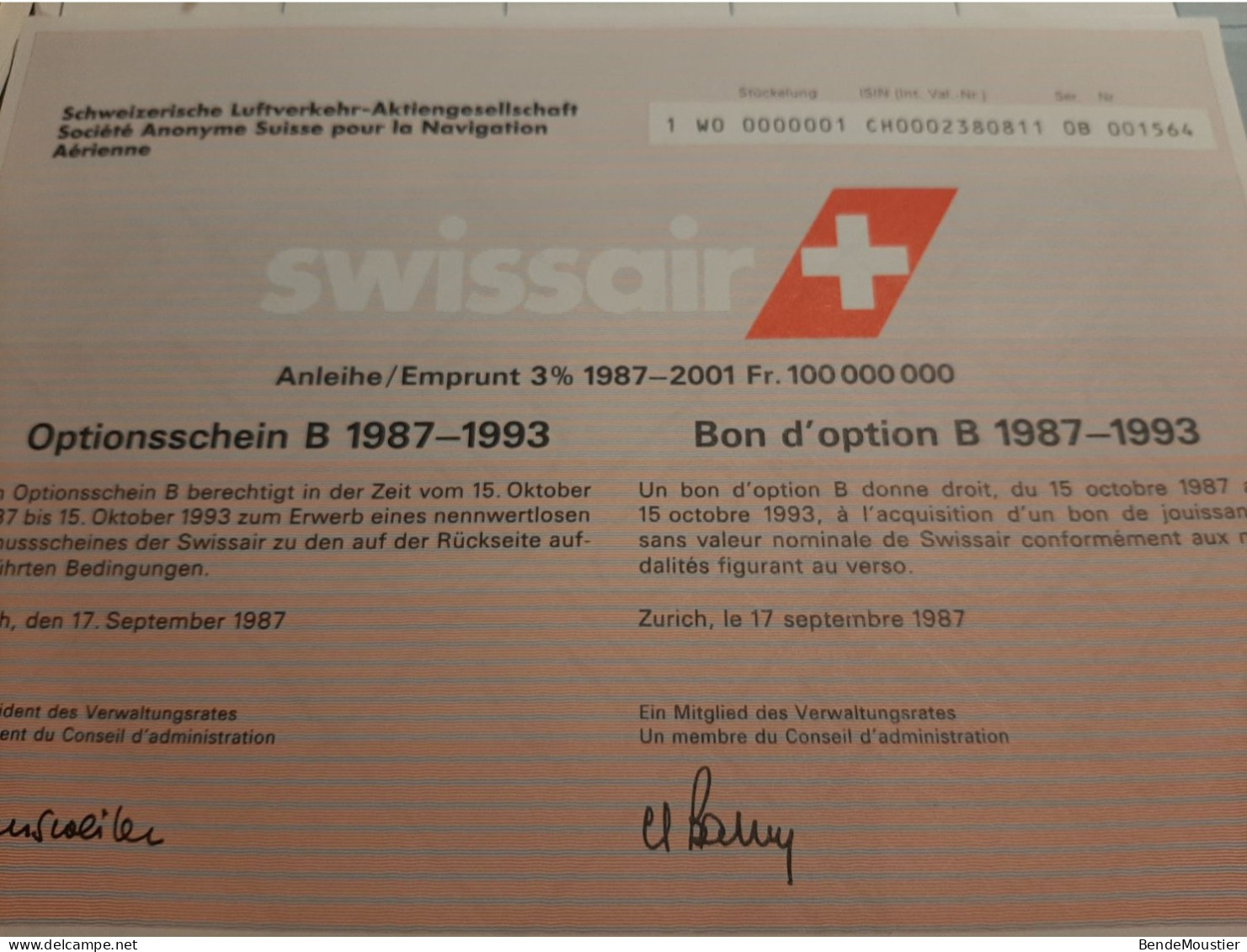 SWISSAIR - SA Suisse Pour La Navigation Aérienne -  Emprunt 3 % 1987-1993 - Bon D'Option B - Zurich Sept. 1987. - Aviation