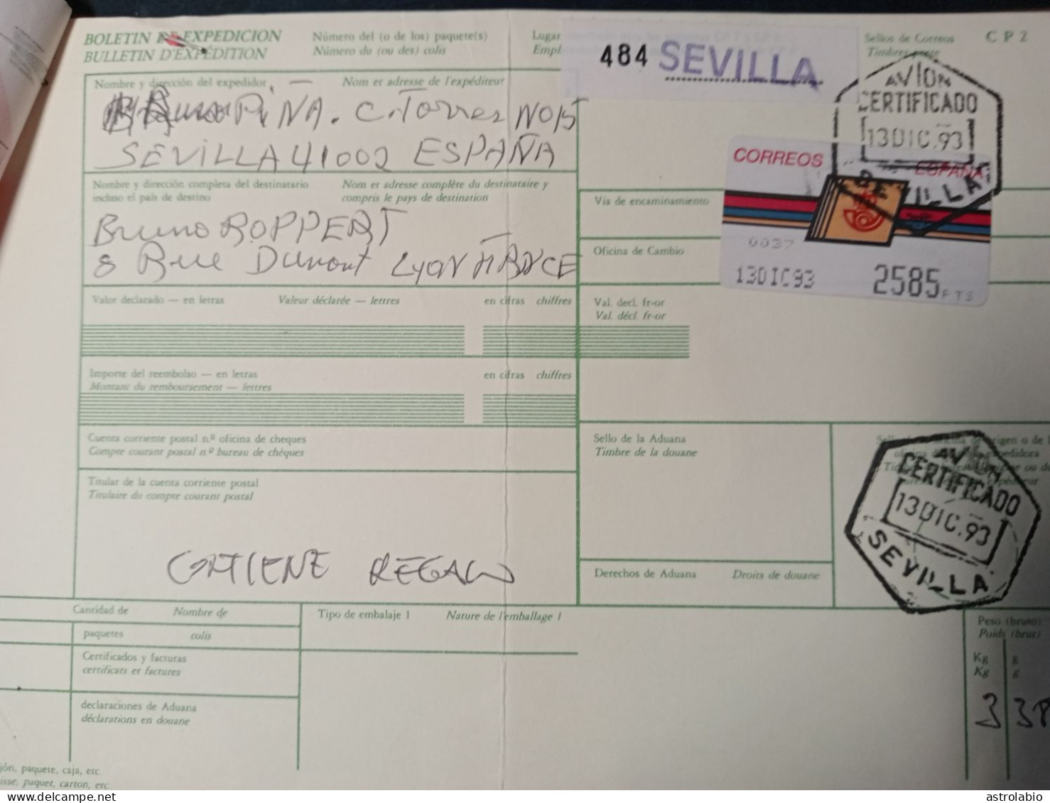 Sevilla Boletin De Expedición Paquetes Postales A Francia 1993 Mat. Avión Certificado 2585 Ptas. De Franqueo!! - Viñetas De Franqueo [ATM]